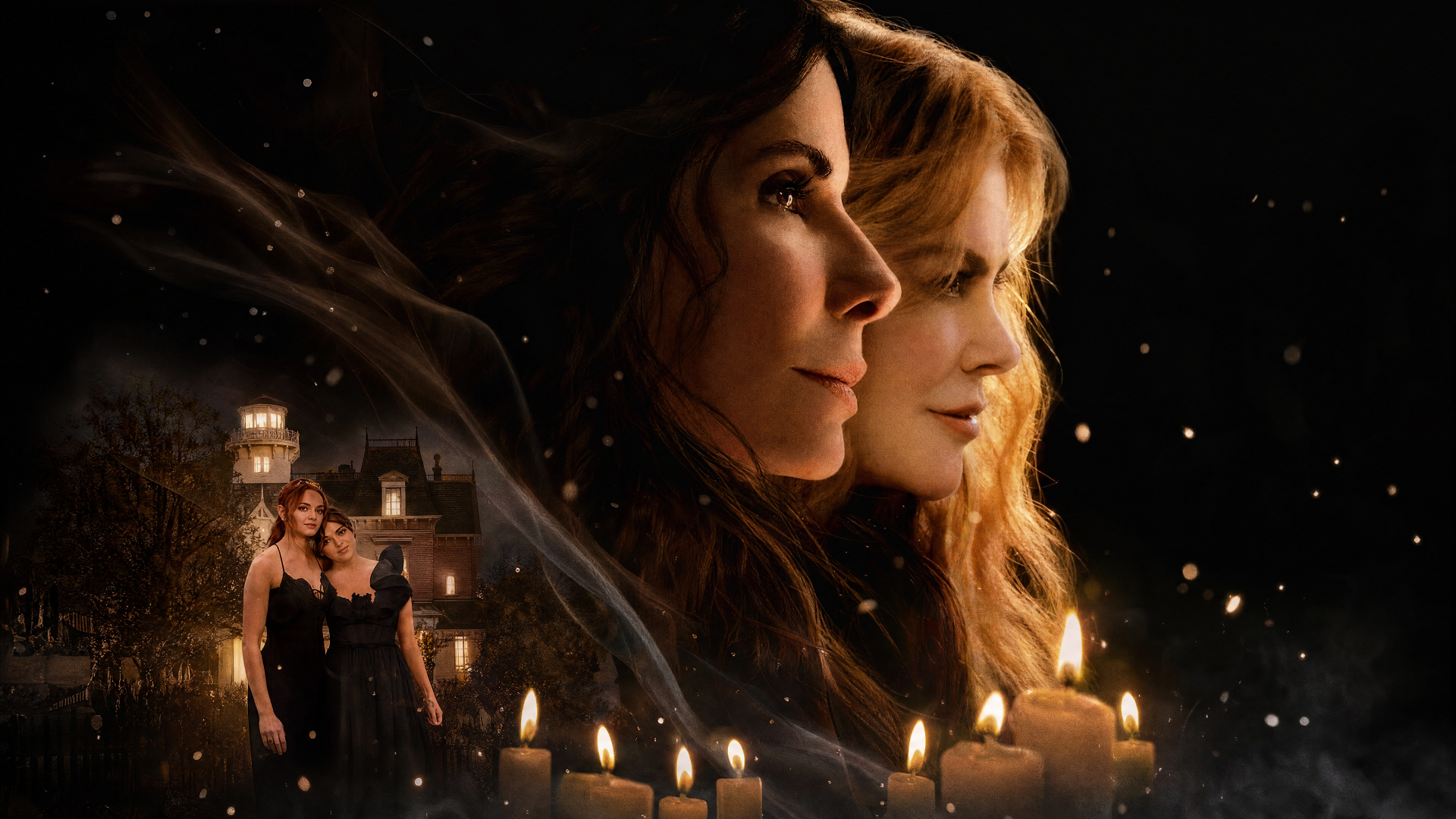 4K Ultra HD PC desktop wallpaper for Practical Magic 2: two women in profile portrait bathed in candlelight, an eerie mansion in the background and wisps of ethereal smoke.
