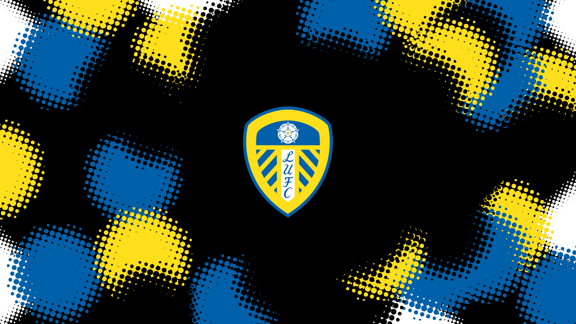 Leeds United F.C. logo centered on black background with blue and yellow halftone splashes — 2K Quad HD PC desktop wallpaper and background.
