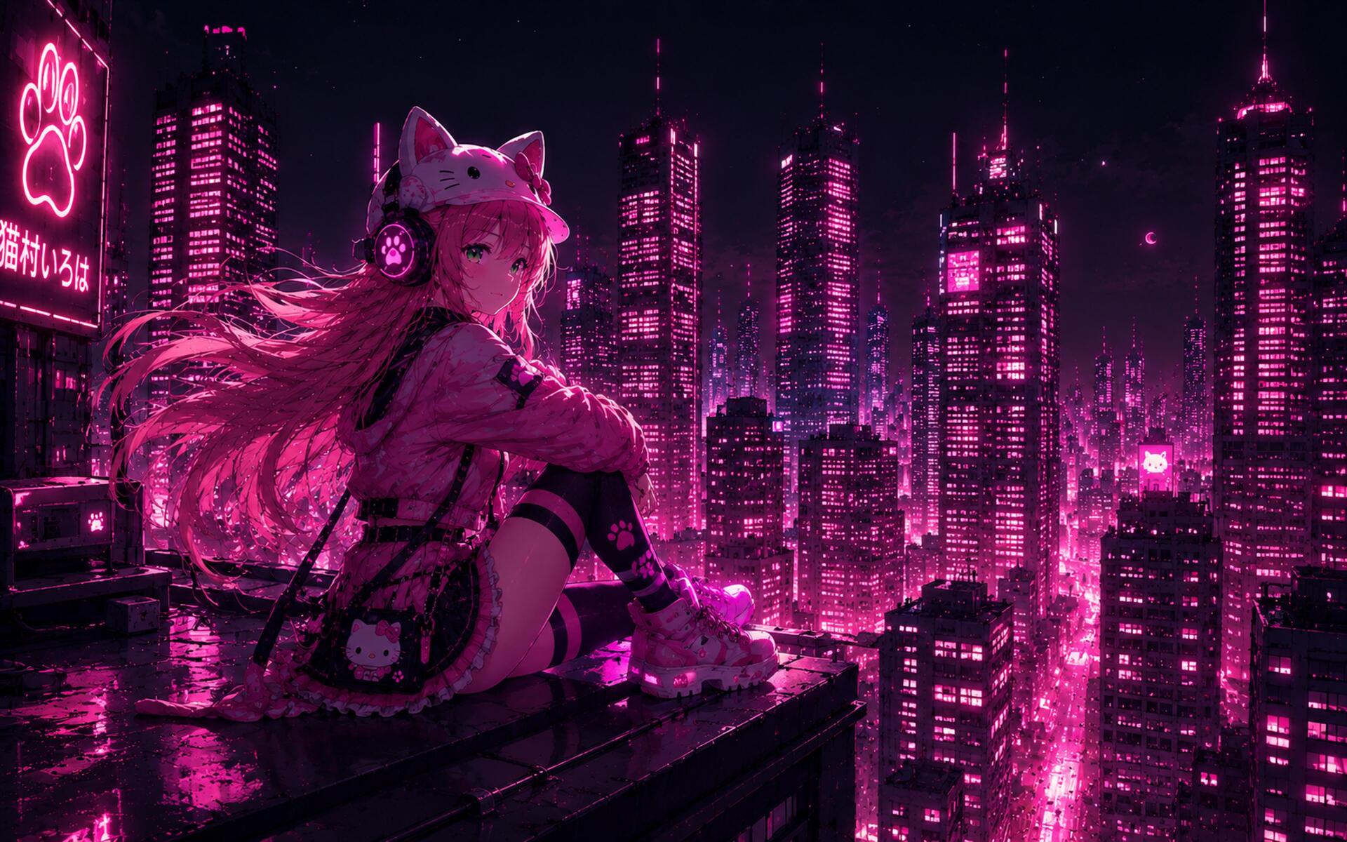 Nekomura Iroha anime sits on a rain-soaked rooftop with cat headphones, overlooking a neon pink cyberpunk skyline — 4K Ultra HD PC desktop wallpaper and background