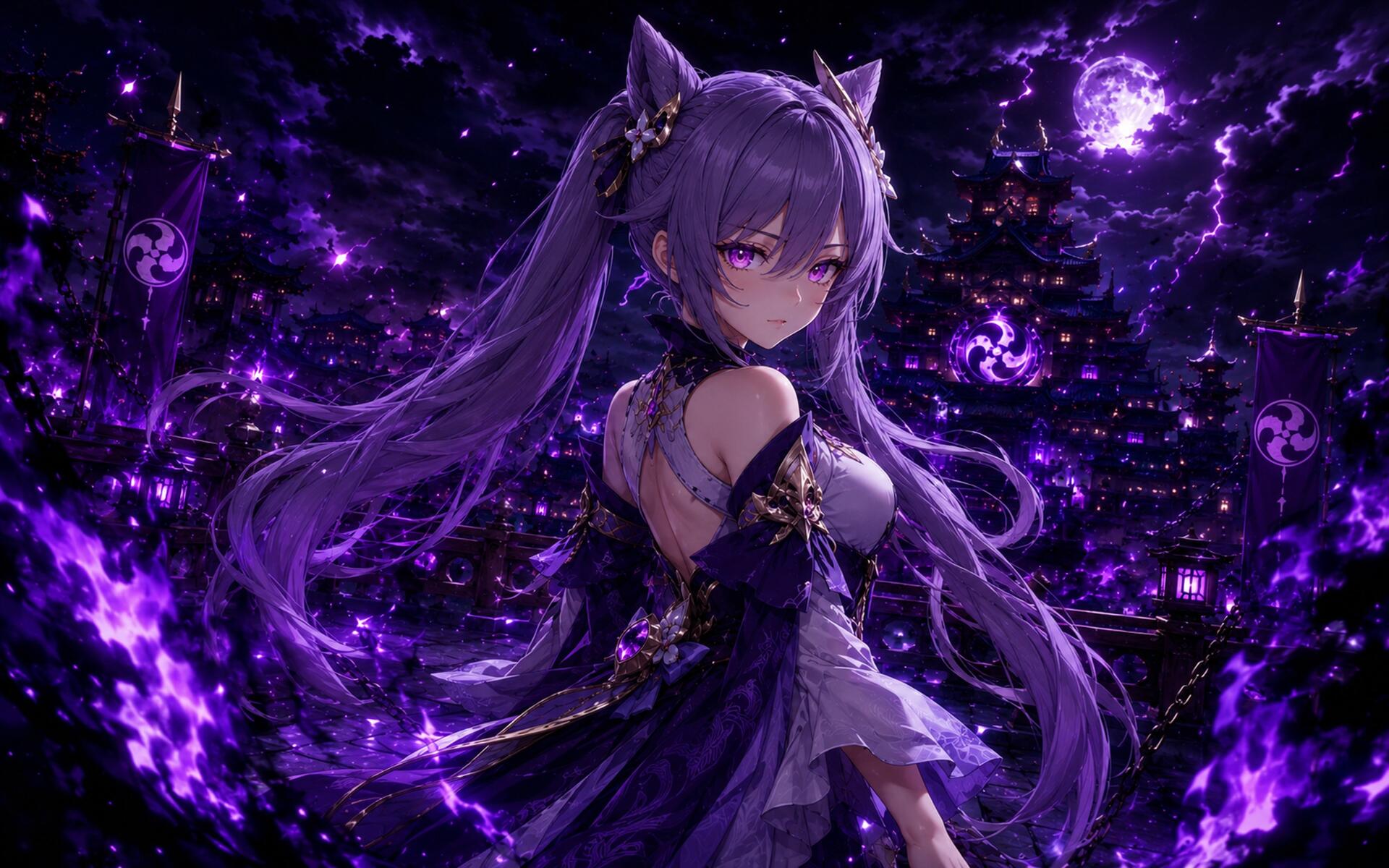 Anime-style 4K Ultra HD PC wallpaper of Keqing (Genshin Impact): purple-haired, cat-eared figure amid swirling violet electro energy.