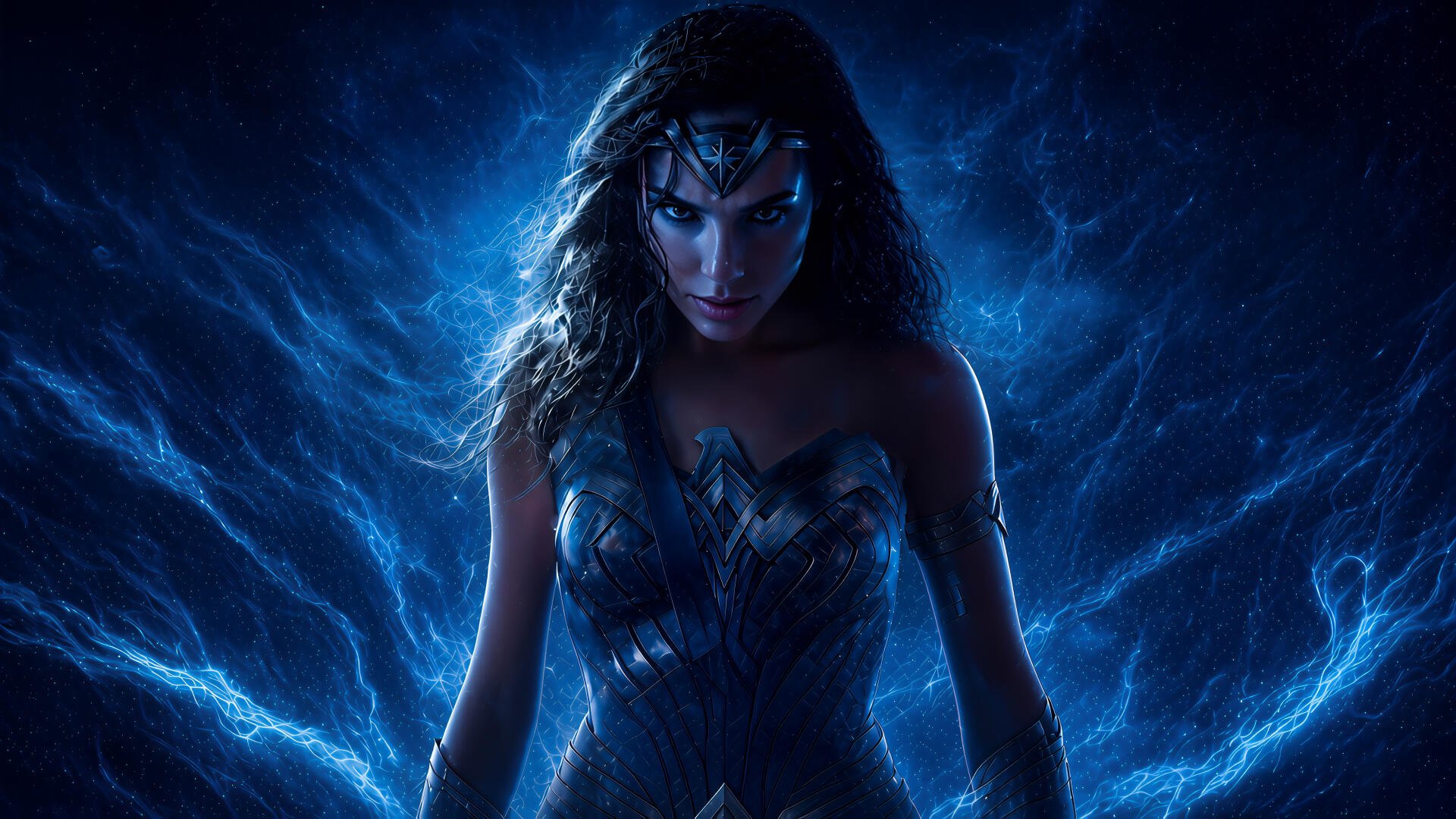 Digital art of Wonder Woman in armor, standing amid crackling blue lightning, intense gaze — 4K Ultra HD PC desktop wallpaper and background.