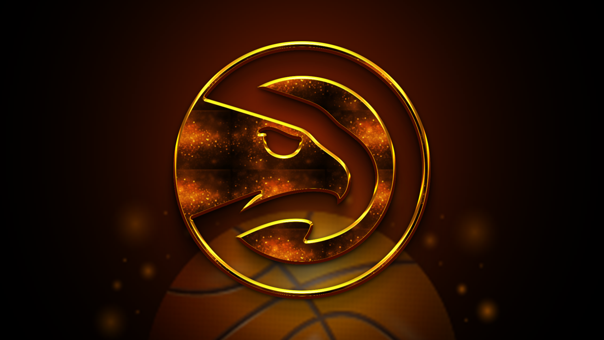 Atlanta Hawks NBA 4K Ultra HD PC desktop wallpaper: glowing gold Hawks logo above a basketball on a dark, fiery background.