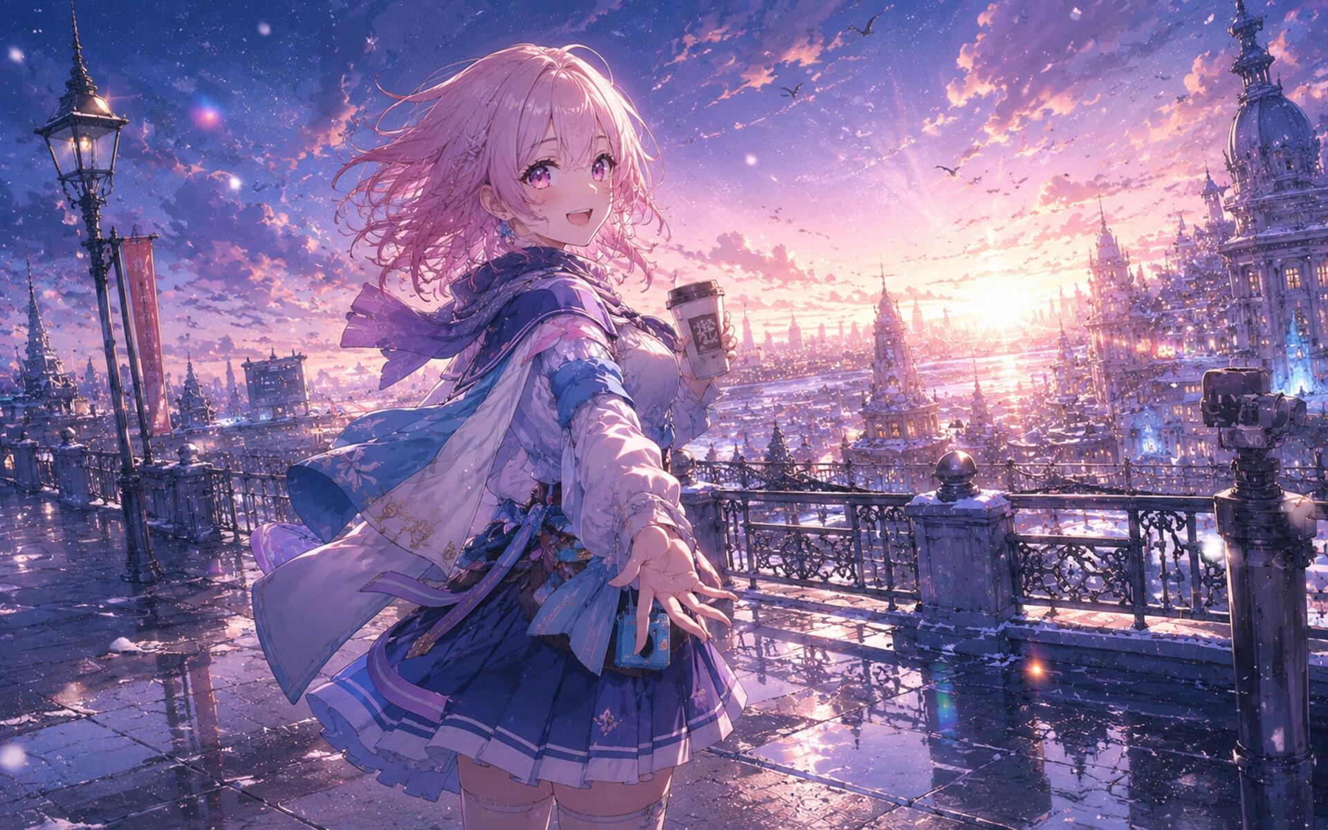 Pink-haired anime girl reaches out on a snowy city bridge at sunset — March 7th (Honkai: Star Rail), 4K Ultra HD PC desktop wallpaper.
