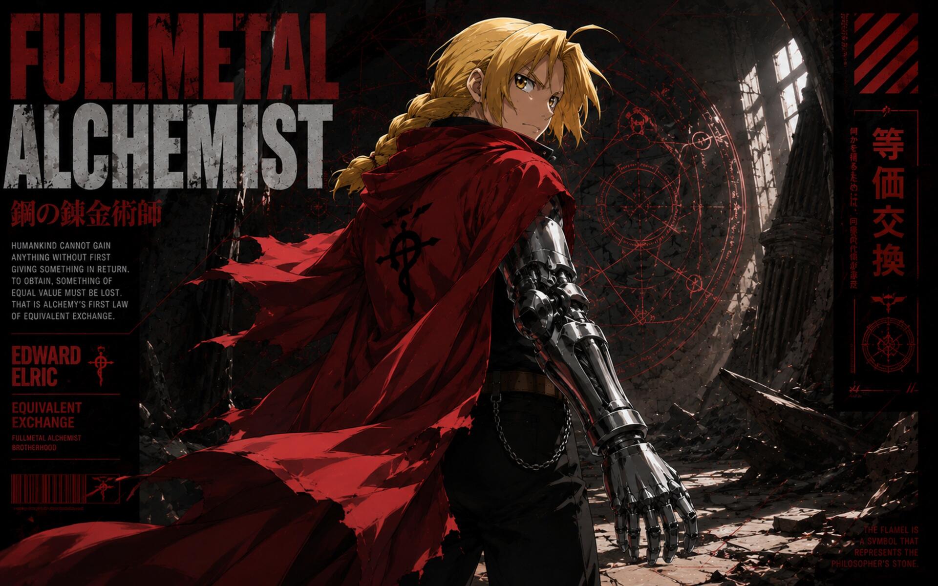 Edward Elric from Fullmetal Alchemist in a ruined hall, red coat billowing and automail arm extended; 4K Ultra HD anime PC desktop wallpaper/background.