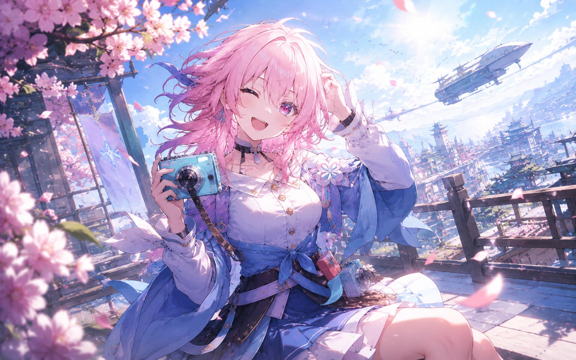 March 7th (Honkai: Star Rail) anime girl laughing amid falling cherry blossoms on a sunlit terrace, holding a cup — 4K Ultra HD PC desktop wallpaper background.
