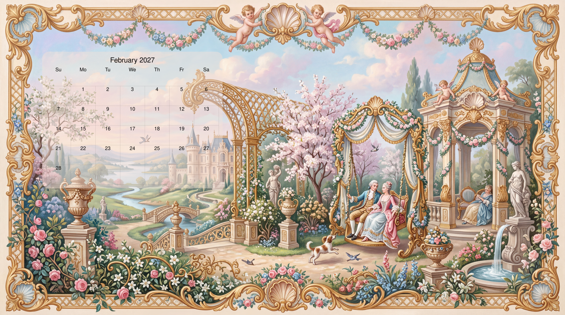 February 2027 calendar in an ornate pastel garden scene with classical pavilion, blossoming trees and seated figures by a fountain — 5K Ultra HD PC desktop wallpaper/background.