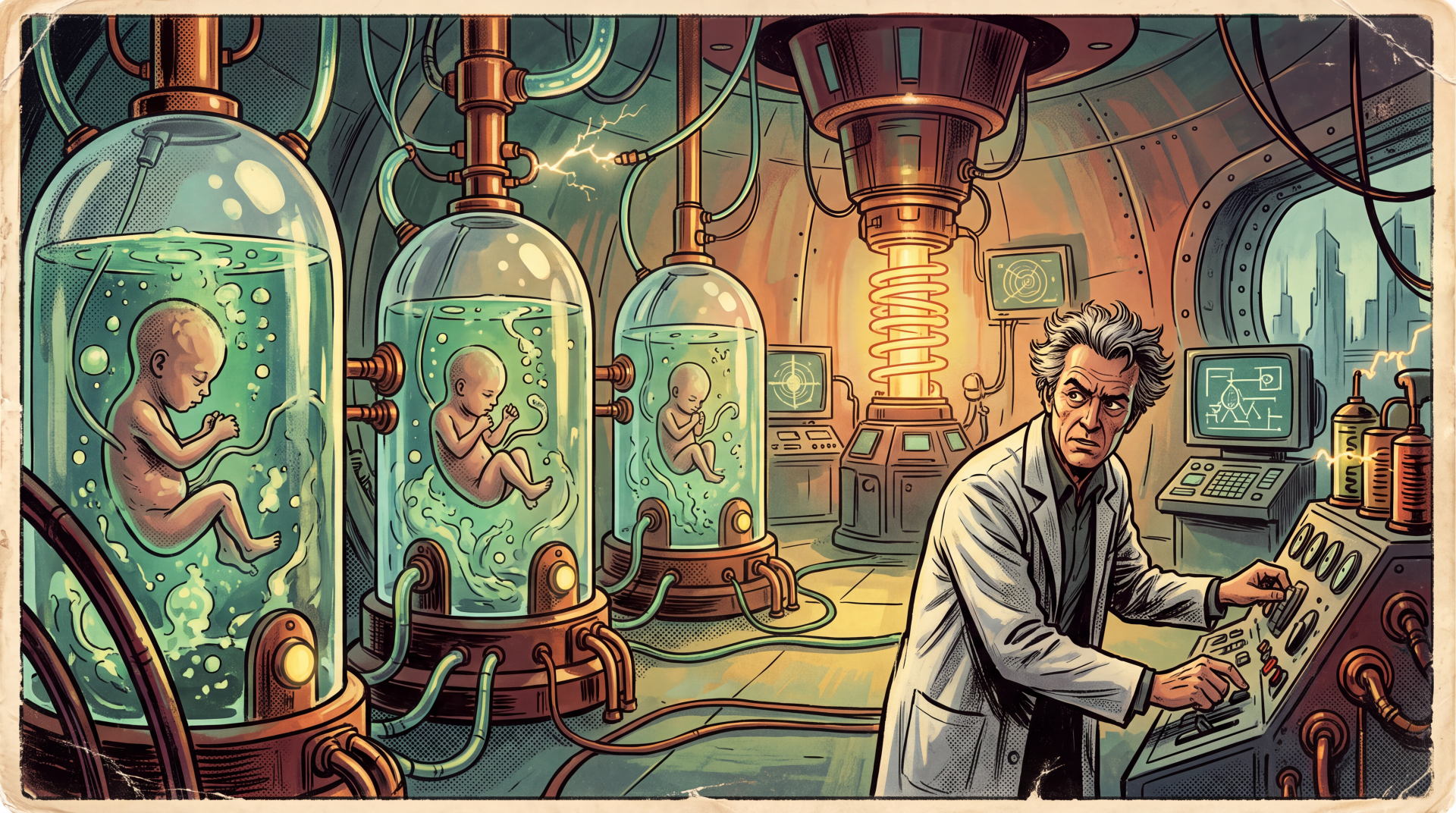 5K Ultra HD PC desktop wallpaper of a scientist in a futuristic laboratory monitoring embryo-filled cloning vats as neon-lit equipment hums during a human cloning experiment.