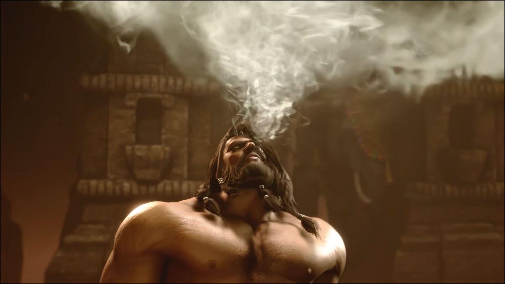 HD PC desktop wallpaper of Arjun from Street Fighter 6 — a muscular, shirtless man looking up as a plume of smoke rises around him against a dark temple backdrop.