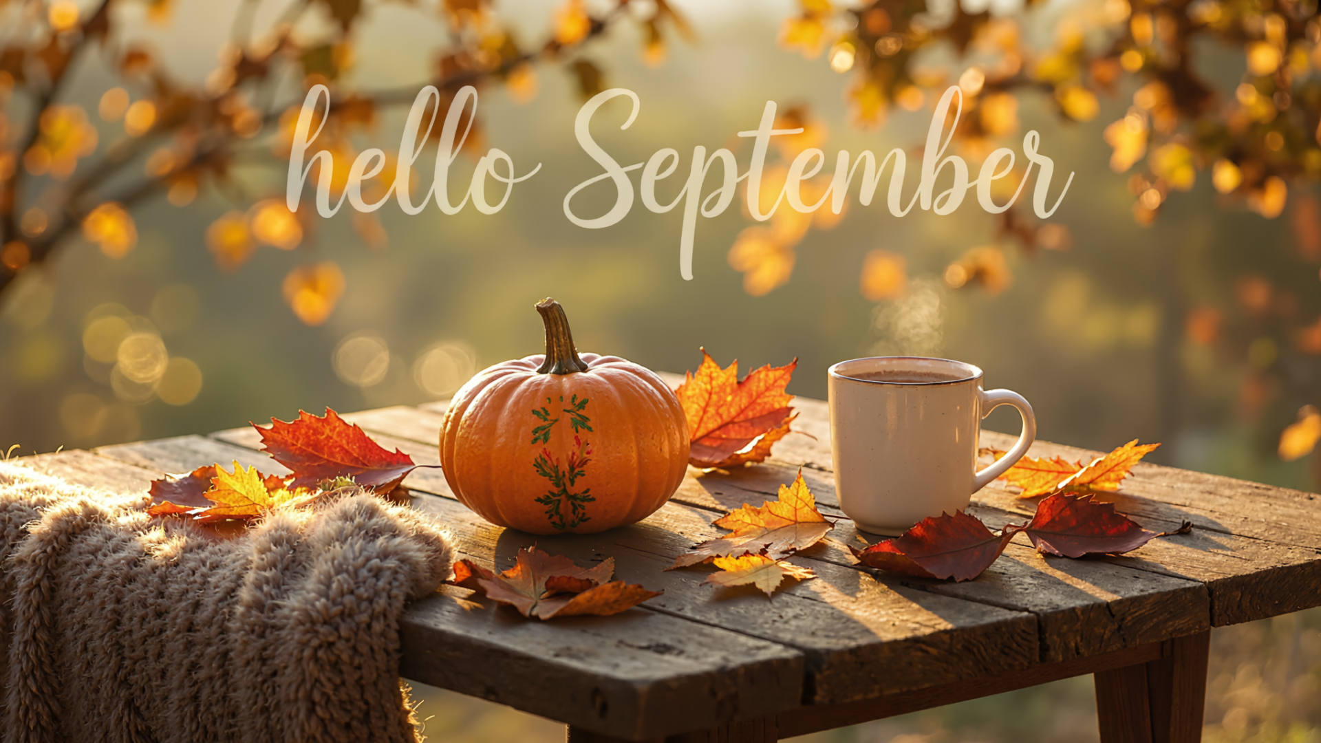 HD PC desktop wallpaper: Hello September script over a wooden table with a small pumpkin, mug, scattered autumn leaves and a cozy knit, warm bokeh background.