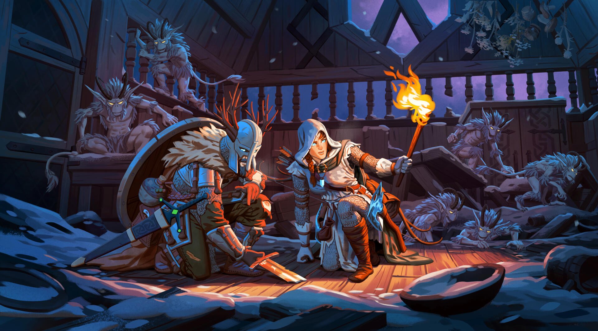 Valheim warrior adventurer 5K Ultra HD PC desktop wallpaper: two cloaked fighters kneel by a campfire and torch in an icy longhouse strewn with trophies.