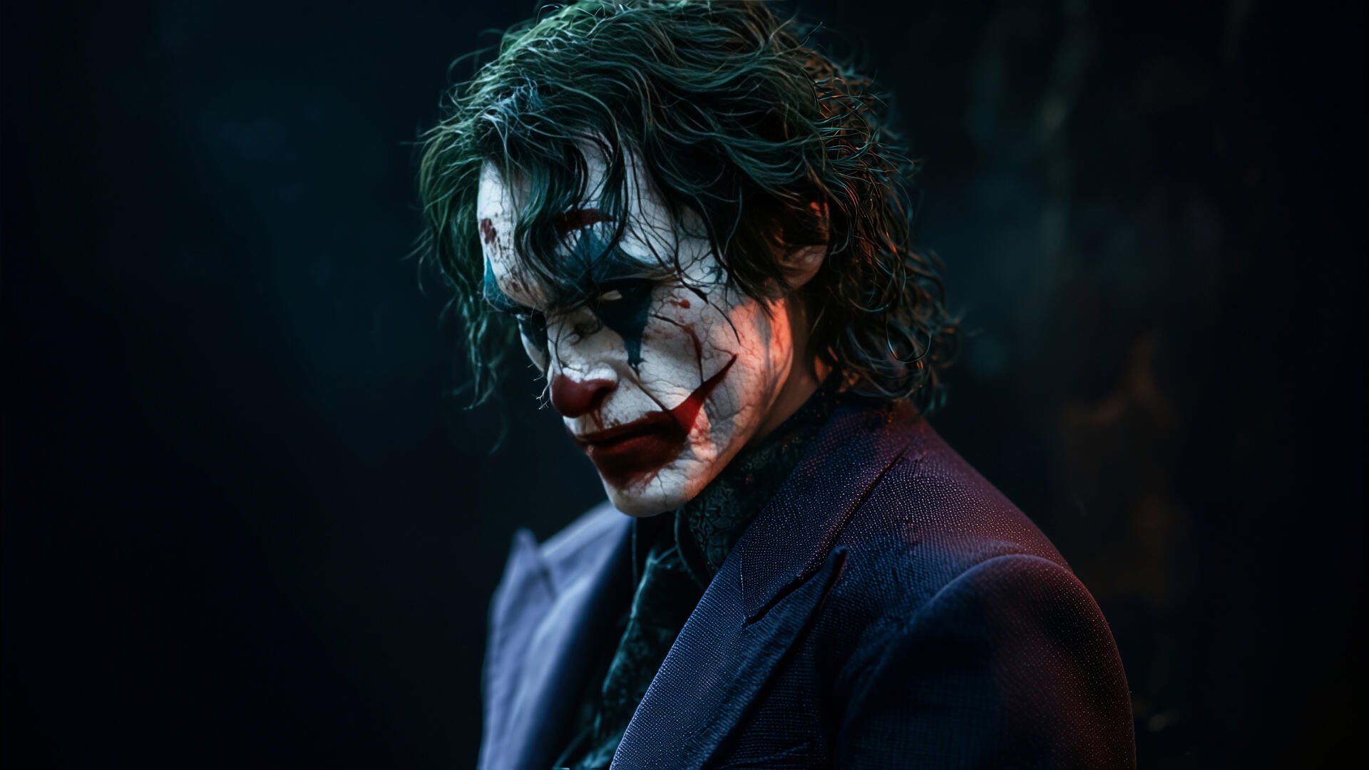4K Ultra HD PC desktop wallpaper: brooding Joker portrait with smeared clown makeup, red-lipped grin and dark suit set against a shadowy, cinematic backdrop.