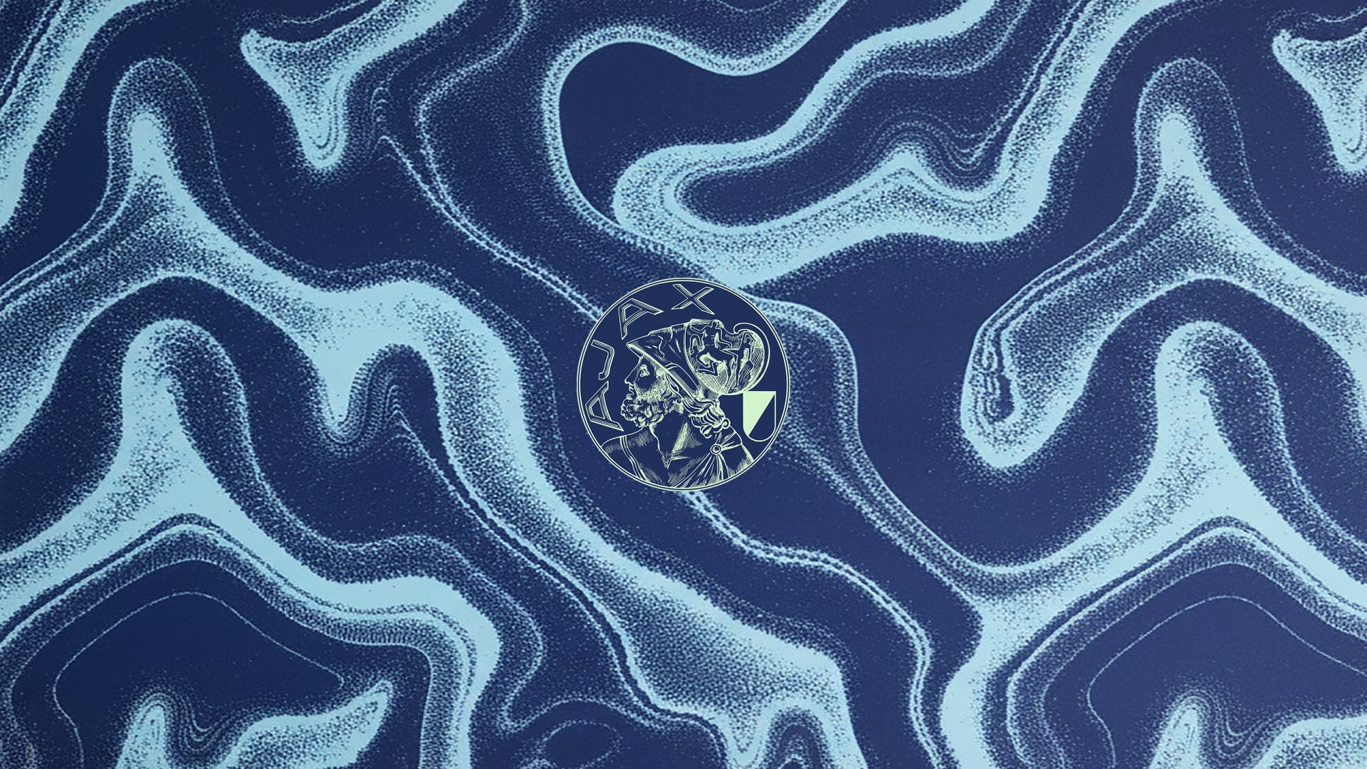 2K Quad HD PC desktop wallpaper: Ajax Amsterdam logo centered on an abstract navy and light-blue wavy textured background.
