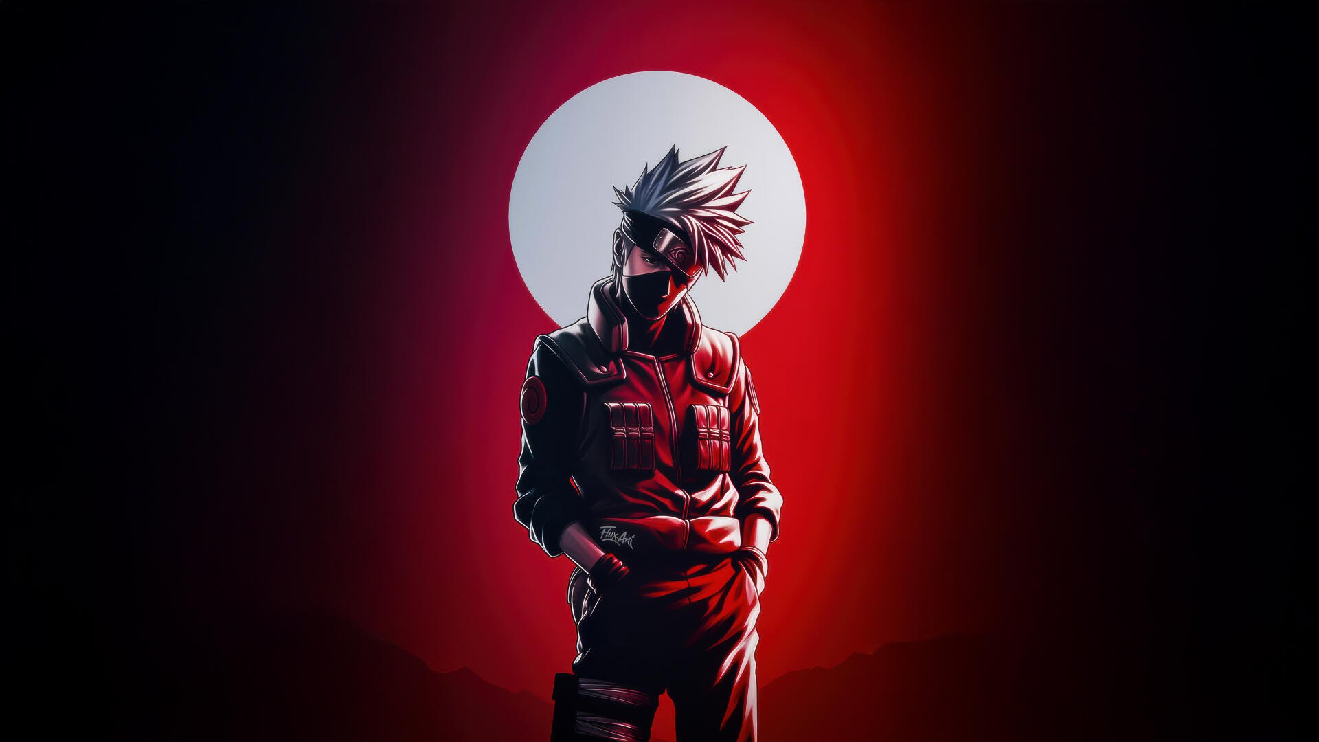 Kakashi Hatake (Naruto) stands with hands in pockets before a glowing full moon on a red-black gradient — 5K Ultra HD PC desktop wallpaper and background.