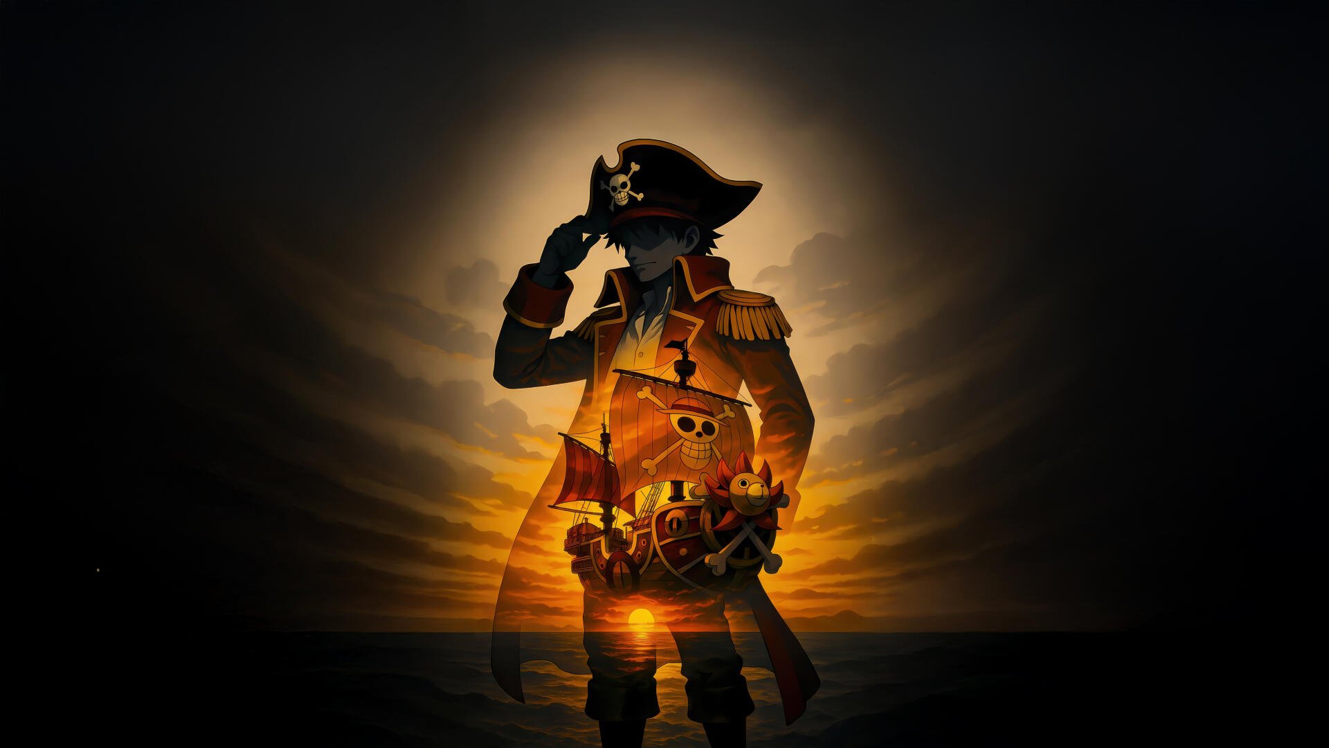 Monkey D. Luffy from One Piece in a pirate captain silhouette at sunset, golden glow over the ocean horizon — 5K Ultra HD PC desktop wallpaper/background.