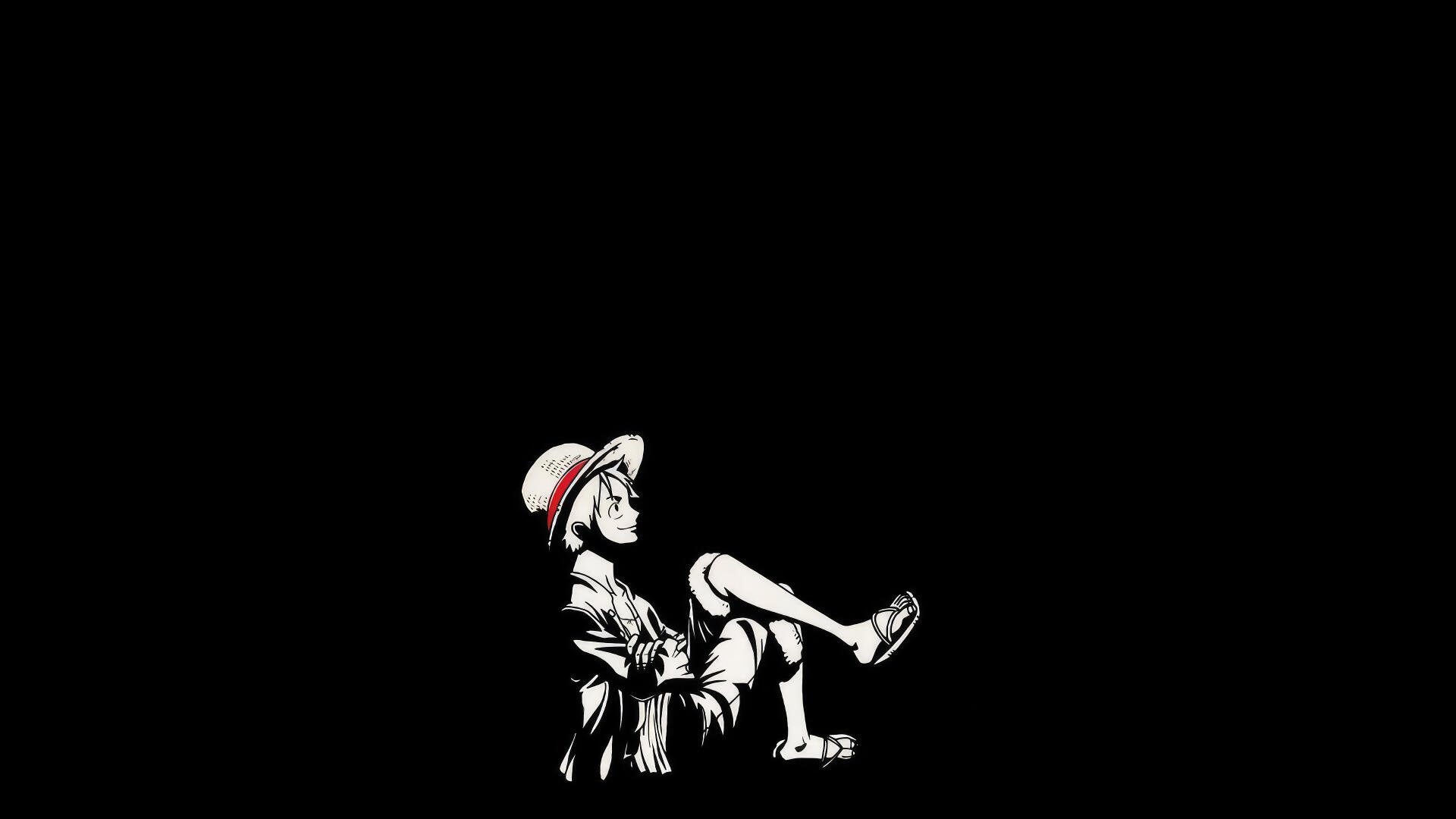 Stylized white silhouette of Monkey D. Luffy from One Piece reclining with straw hat on a solid black 4K Ultra HD PC desktop wallpaper/background.