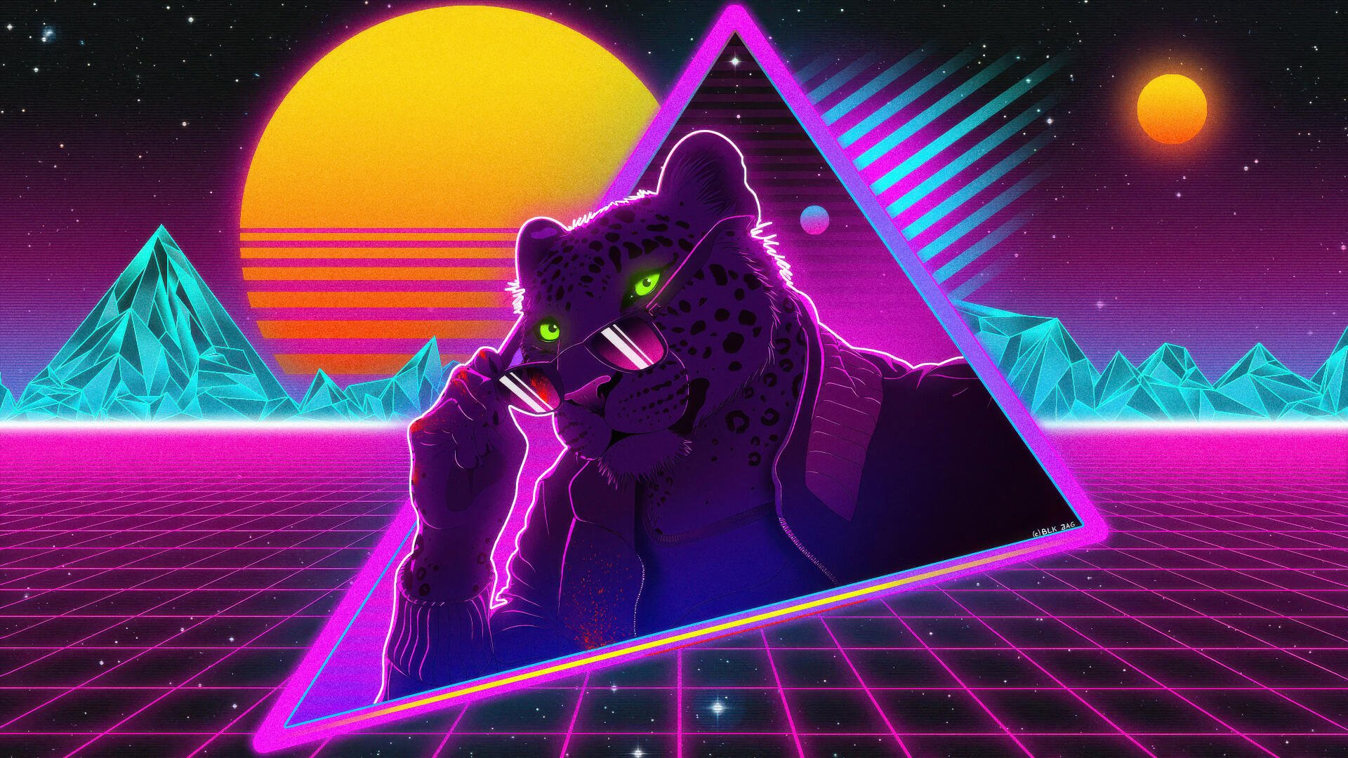 Neon synthwave Digital Art of a leopard in sunglasses framed by a glowing triangle, retro grid and sunset — 4K Ultra HD PC desktop wallpaper background.