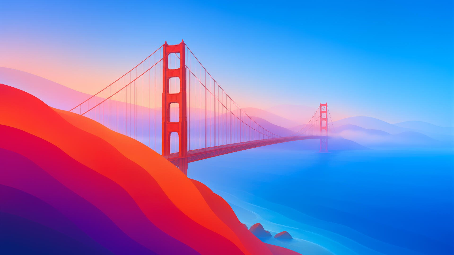Minimalist digital art of the Golden Gate Bridge rising from red-orange hills into blue mist. 5K Ultra HD PC desktop wallpaper background.