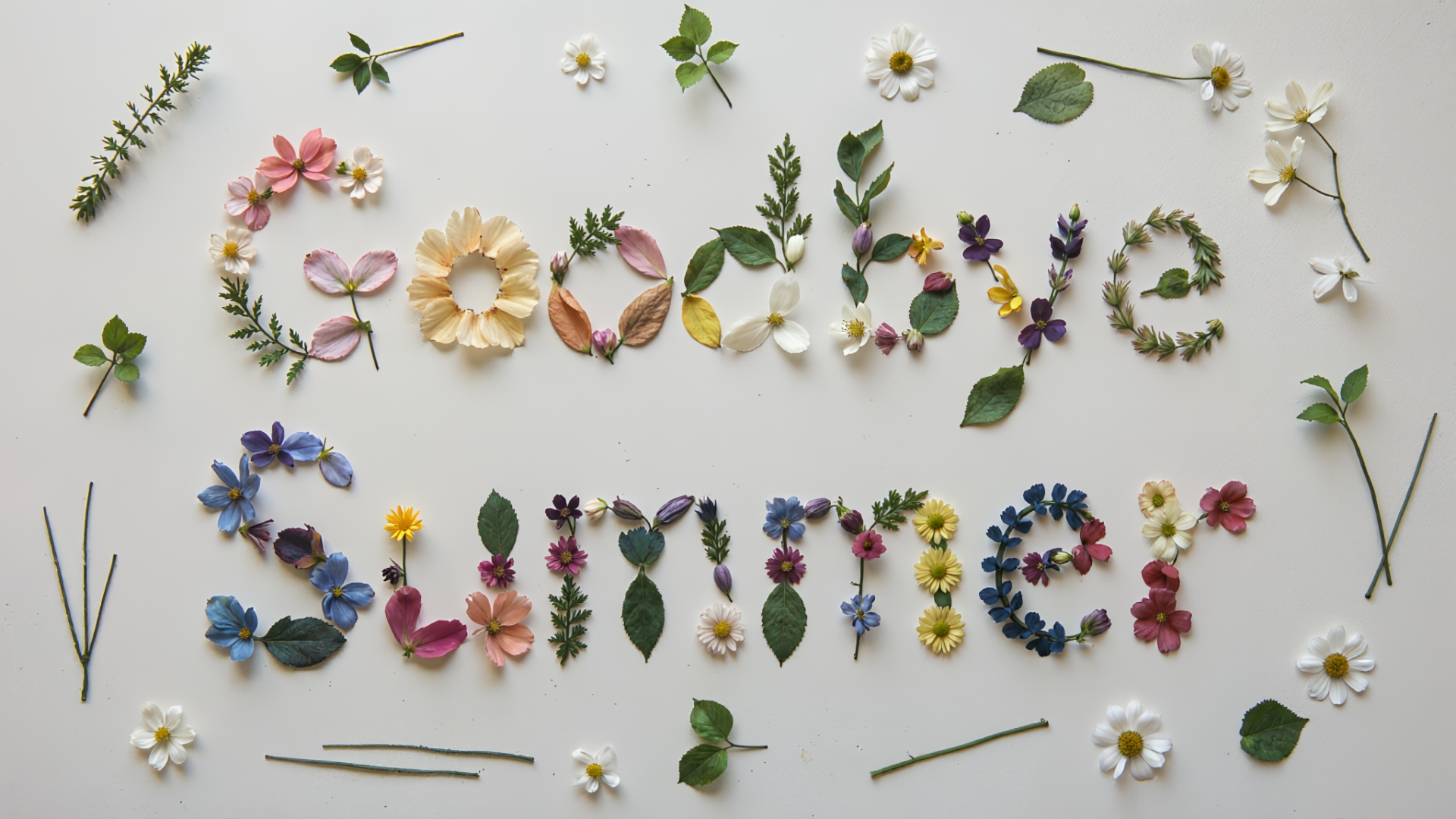 HD PC desktop wallpaper: Goodbye Summer spelled out in spring and summer flowers and leaves on a pale background, with scattered blooms and foliage creating a delicate floral scene.