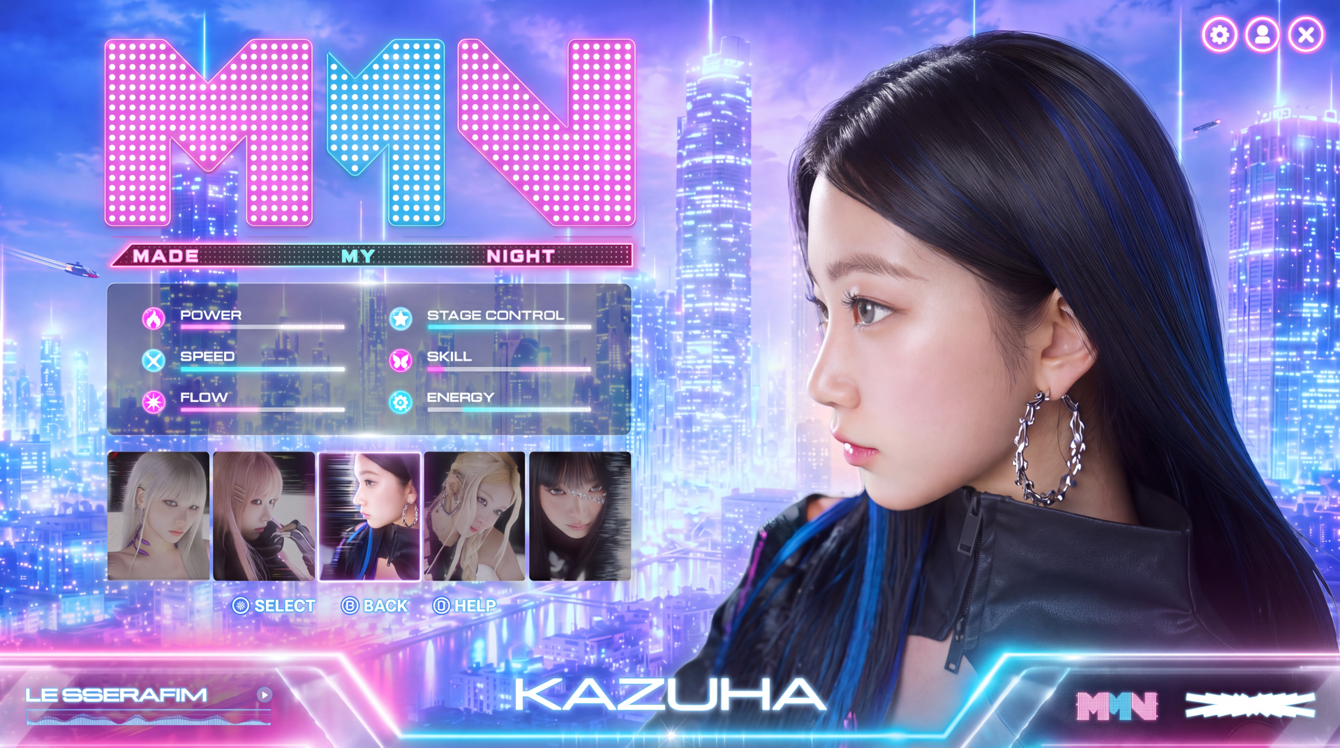 Side-profile of a K-pop idol in a futuristic Overwatch 2–style HUD with neon city skyline, 'MN' logo and mini thumbnails — vibrant 5K Ultra HD PC desktop wallpaper.