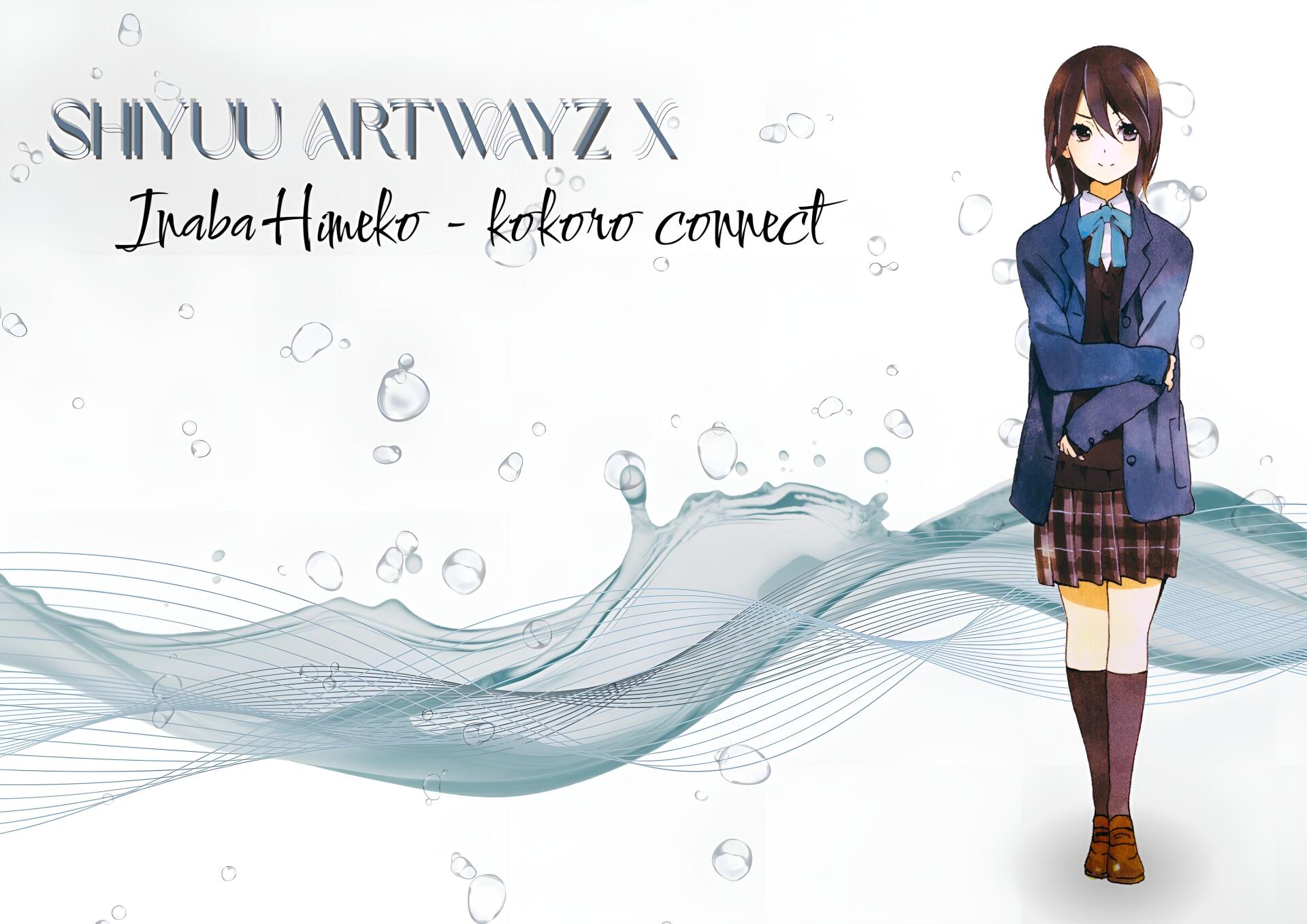 4K Ultra HD anime desktop wallpaper: Kokoro Connect's Inaba Hanako standing beside pastel y2k/2000s retro waves and floating bubbles on a clean white background.