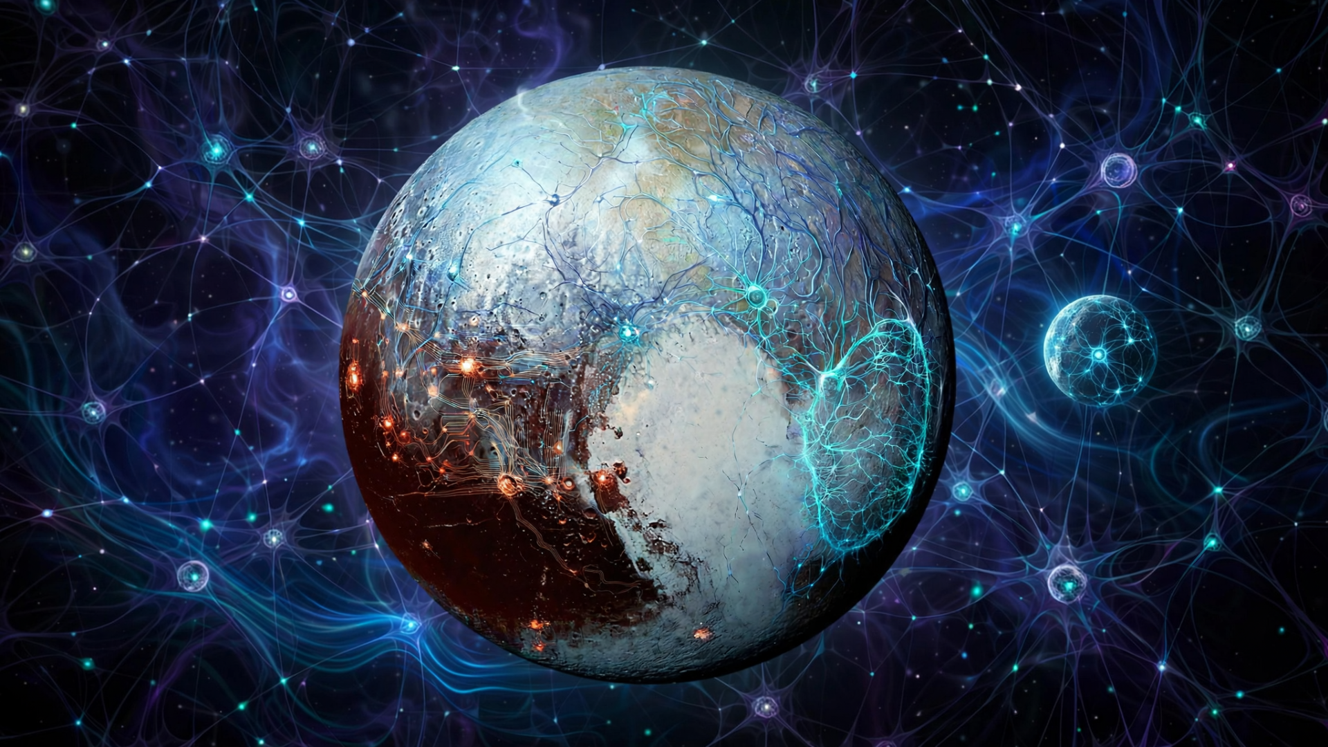 HD PC desktop wallpaper of a Pluto-like icy globe/planet with Earth-like continents, floating in a glowing, webbed cosmic background.