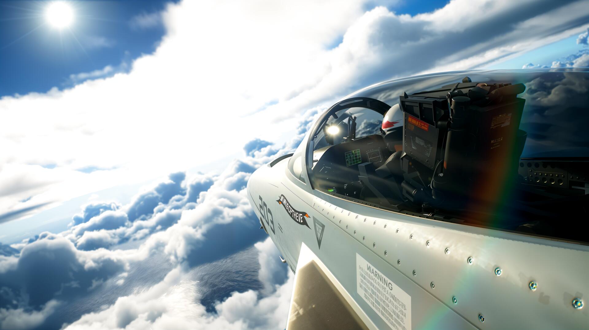 Ace Combat 8: Wings of Theve 4K Ultra HD PC desktop wallpaper, cockpit view of a fighter jet slicing through sunlit clouds with lens flare.