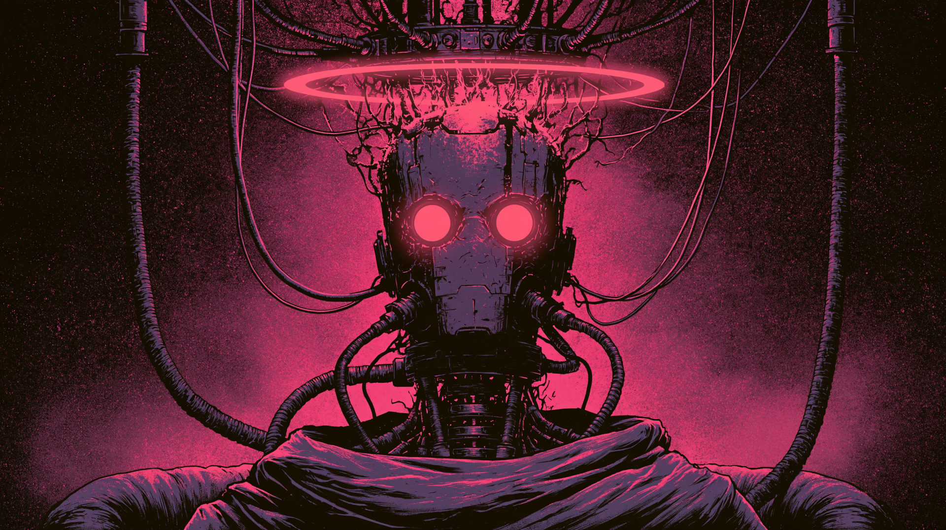 Sci-Fi cyborg android with glowing pink eyes and halo, exposed circuitry and tangled cables, cloaked torso against neon magenta — 2K Quad HD PC desktop wallpaper/background.