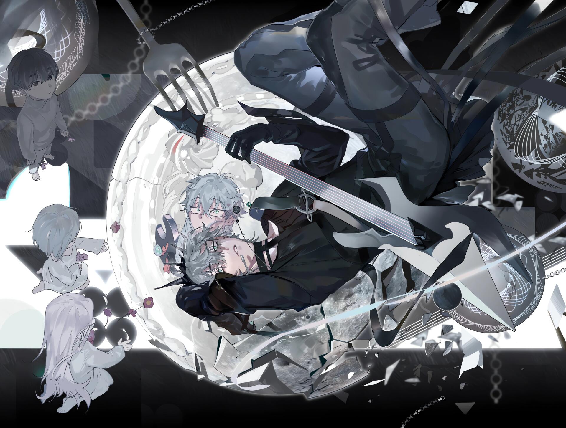 4K Ultra HD PC desktop wallpaper — anime landscape Alien Stage: Till showing two pale figures intertwined on a circular alien stage, surrounded by musical instruments and ghostly onlookers.
