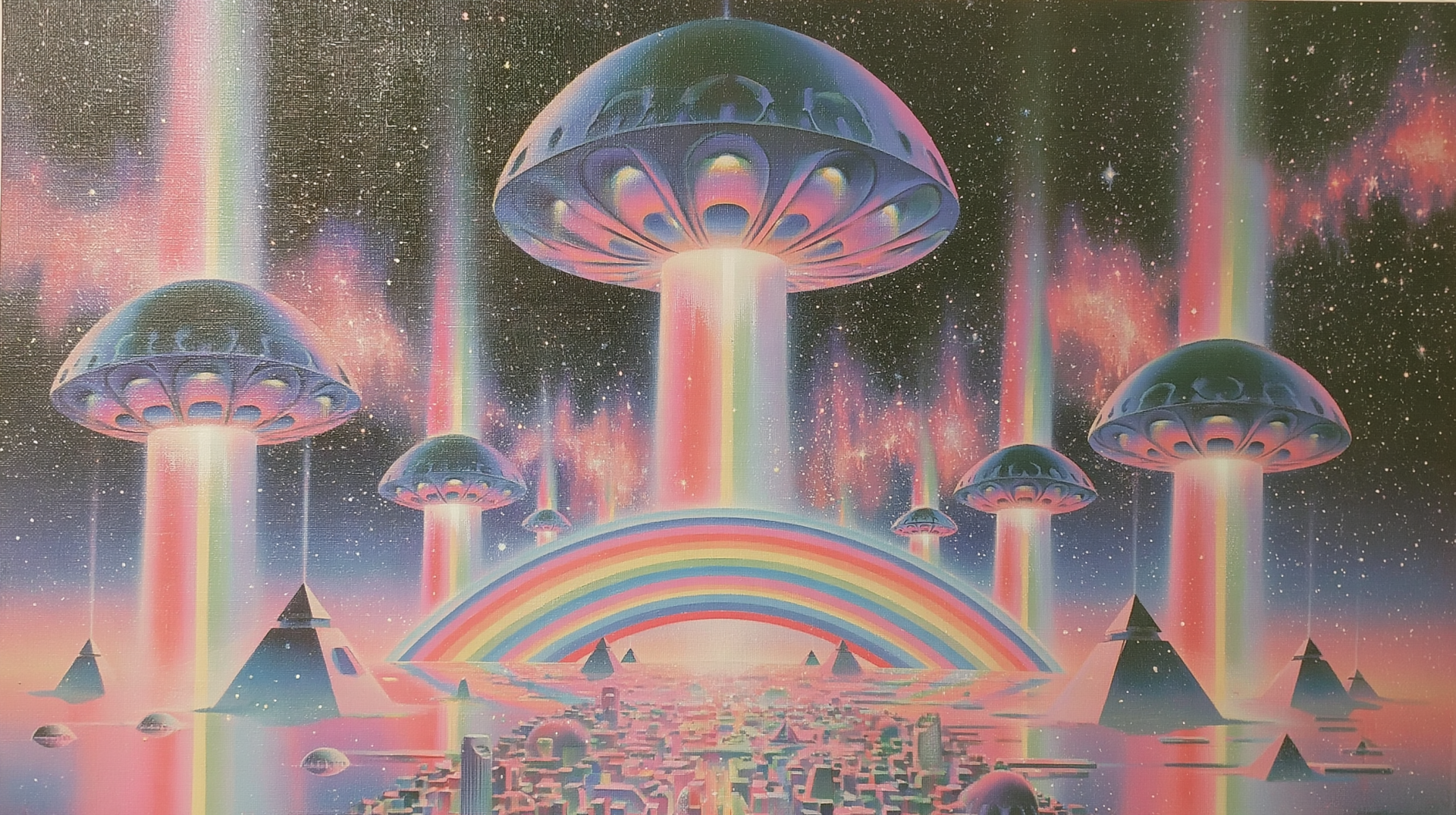 Trippy psychedelic sci‑fi 2K Quad HD PC desktop wallpaper: mushroom-shaped UFOs beam rainbow light over neon pyramids and a shimmering city beneath a glowing rainbow arch.