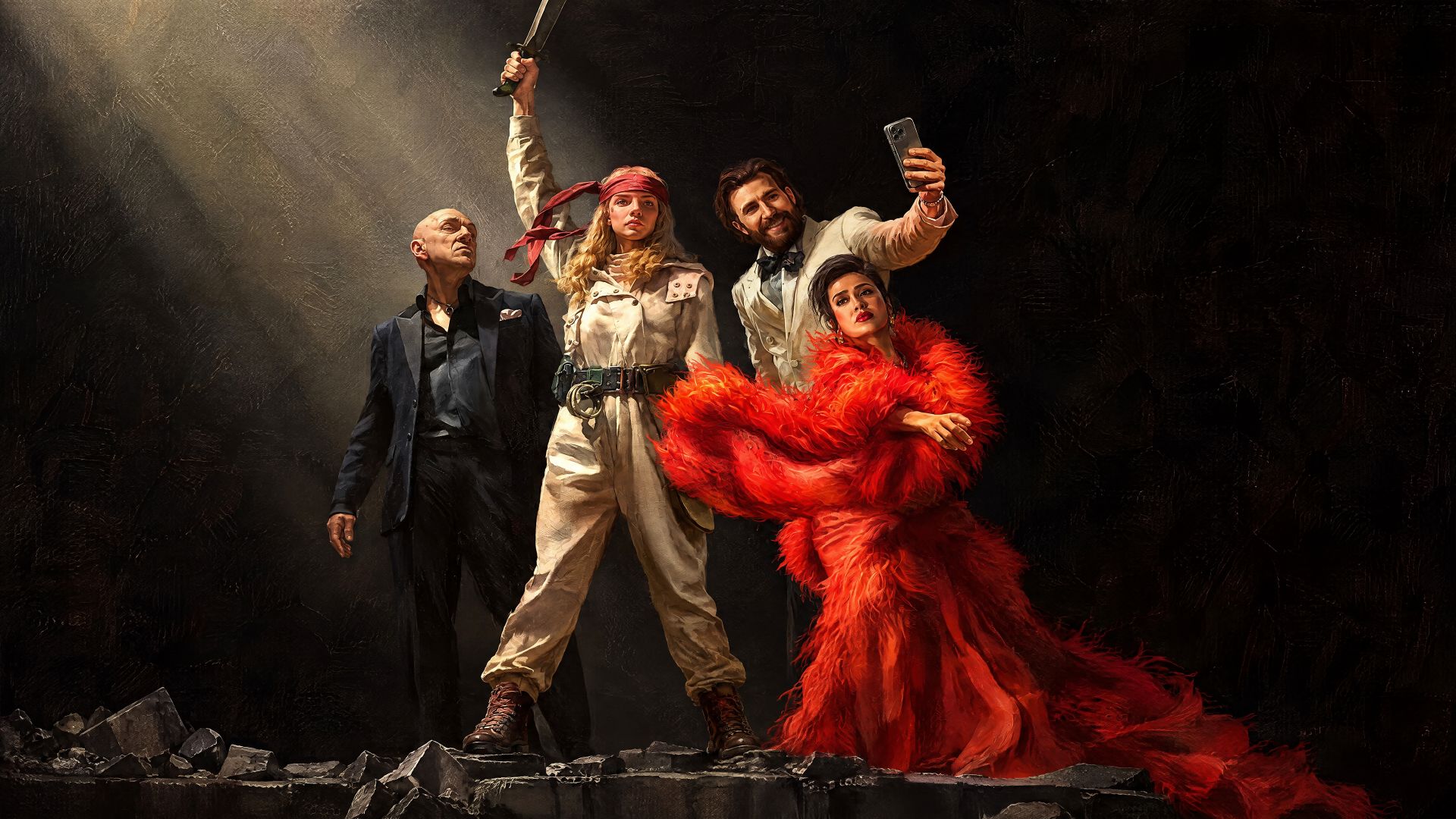 Sacrifice (2026) — group fashion performance of four models: a suited man, a red‑haired model with raised dagger, a man holding glass, and a figure in a flowing red gown. 4K UHD PC desktop wallpaper.