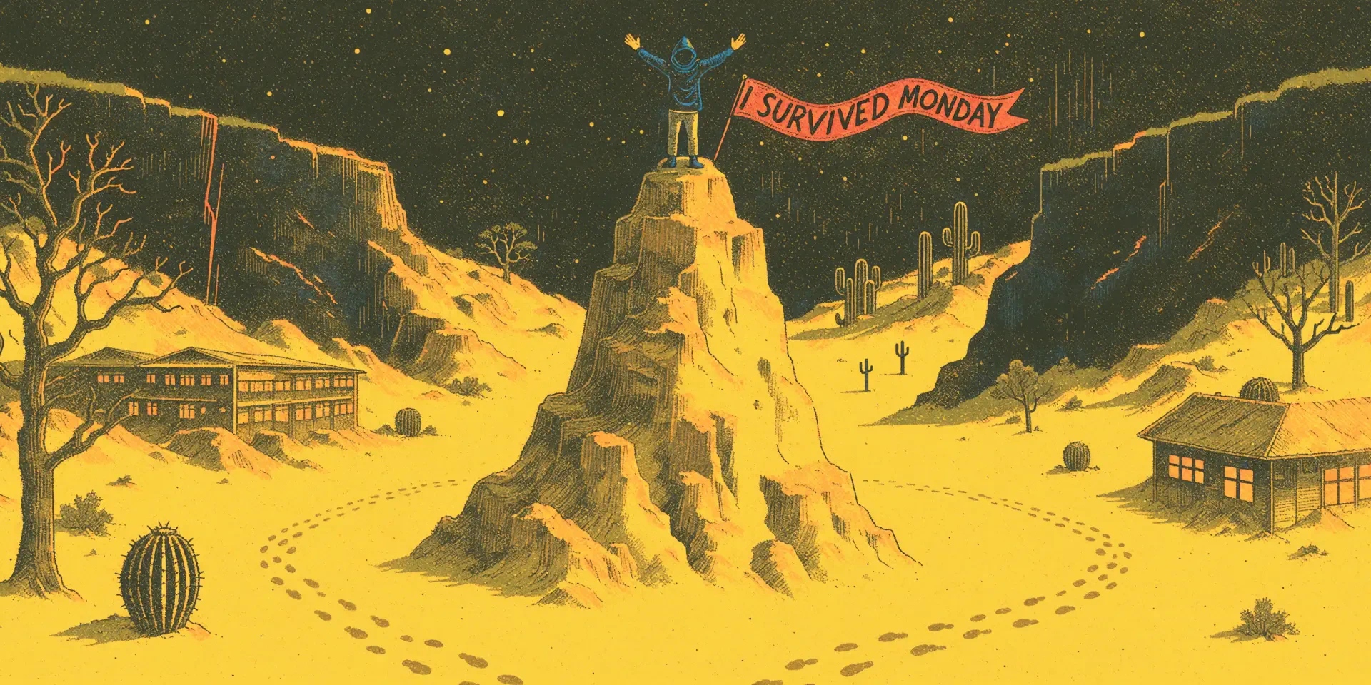 2K Quad HD PC wallpaper: figure on a desert mountain holds an I SURVIVED MONDAY banner amid cacti, sand tracks and distant buildings beneath a starry sky.