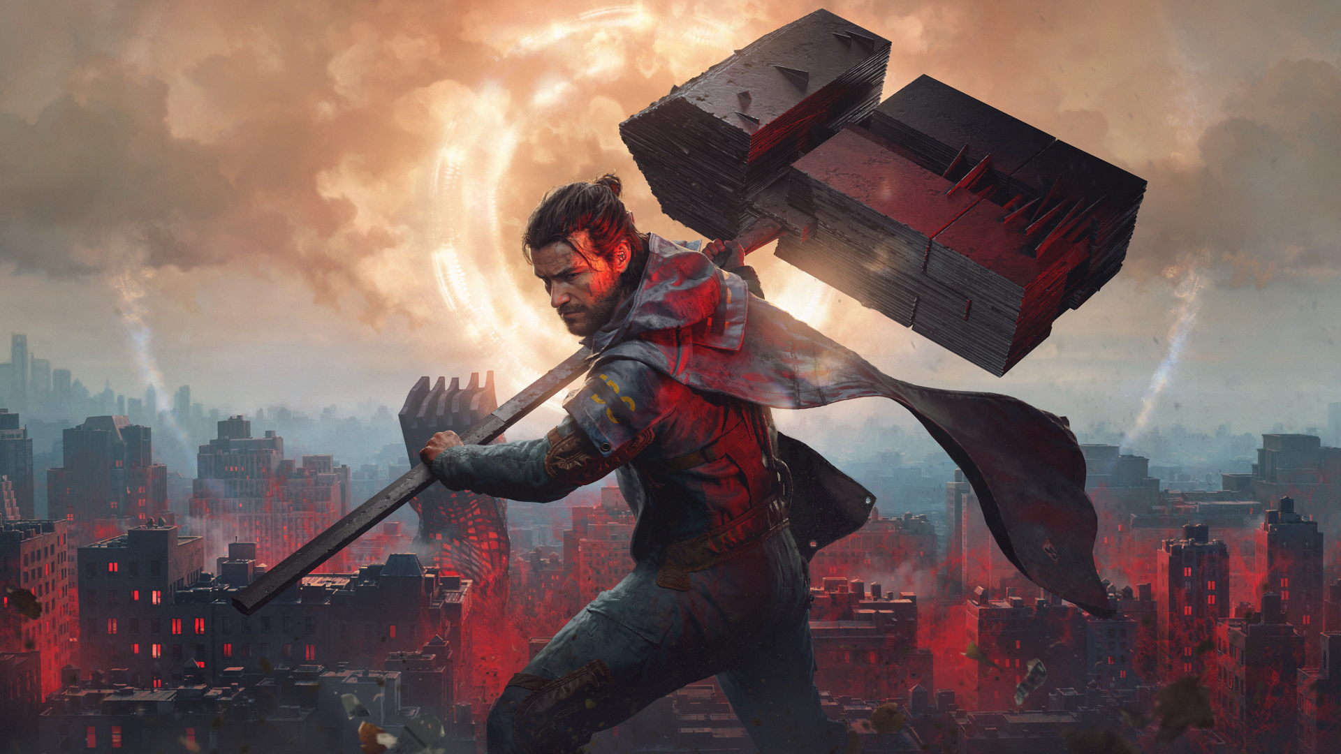 4K Ultra HD PC desktop wallpaper: Control Resonant's warrior Dylan Faden raises a colossal hammer weapon over a burning, ruined city beneath swirling storm clouds.