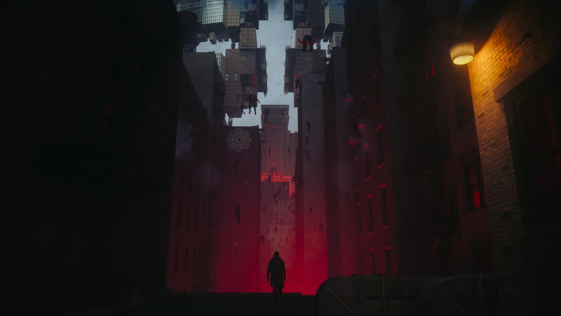 Control Resonant — lone silhouette in a shadowed alley at night, neon red glow and towering abstract cityscape; 4K Ultra HD PC desktop wallpaper/background.