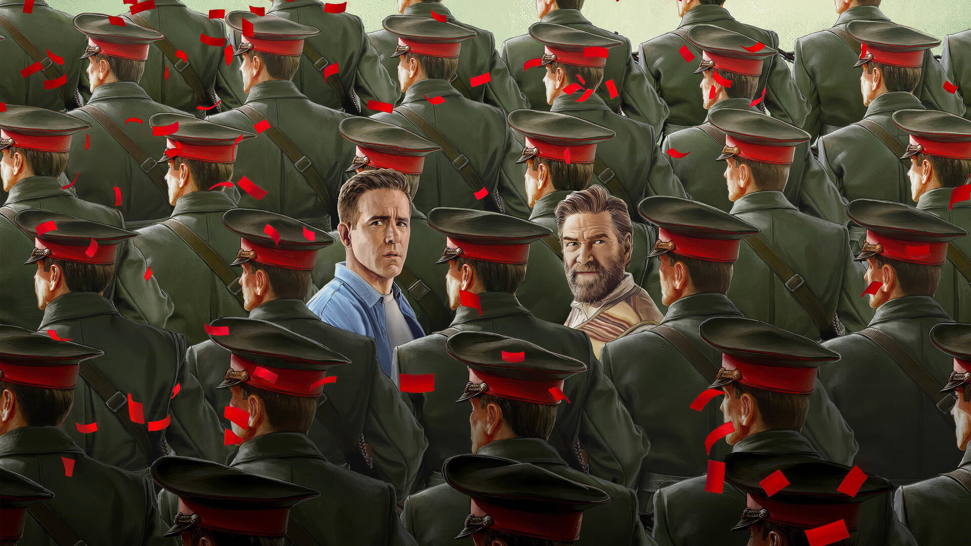 Mayday 4K Ultra HD PC desktop wallpaper and background: two men stand surrounded by uniformed soldiers with red caps as red petals drift overhead.