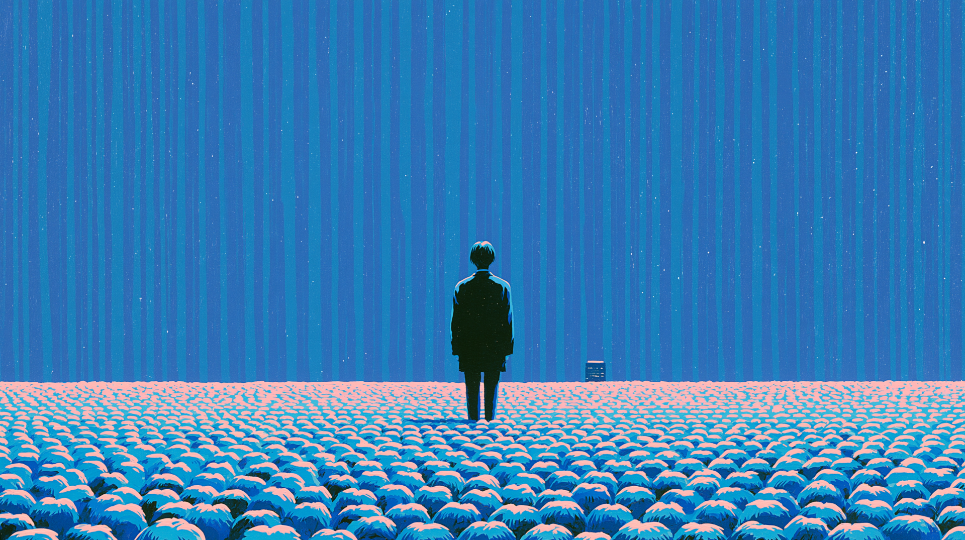 Artistic 2K Quad HD PC desktop wallpaper: lone human silhouette stands amid a sea of spheres facing a towering blue wall, evoking solitude.