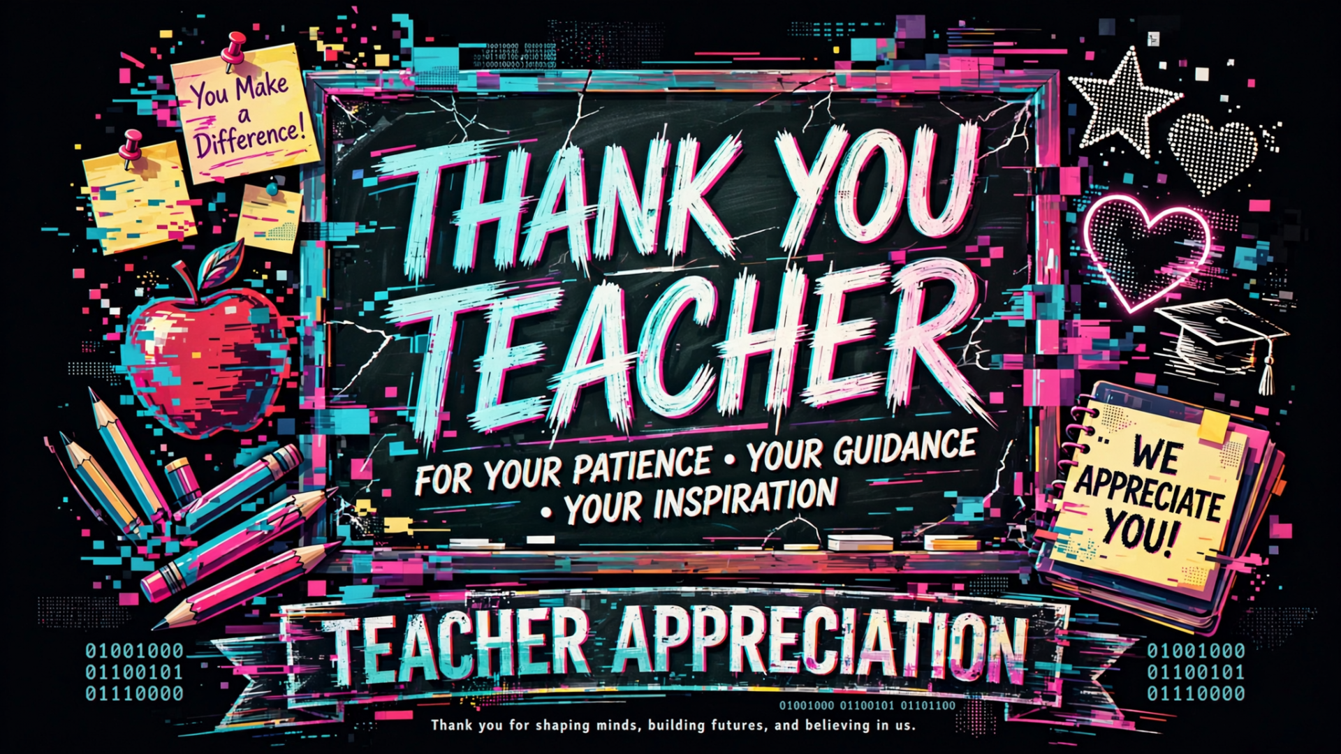 Colorful HD desktop wallpaper poster reading Thank You Teacher with pencils, hearts and notes You make a difference and We appreciate you — teacher appreciation sign.