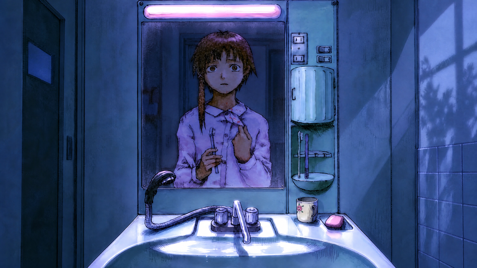 4K Ultra HD PC desktop wallpaper of Lain Iwakura (Serial Experiments Lain): a girl reflected in a dim bathroom mirror above a sink.