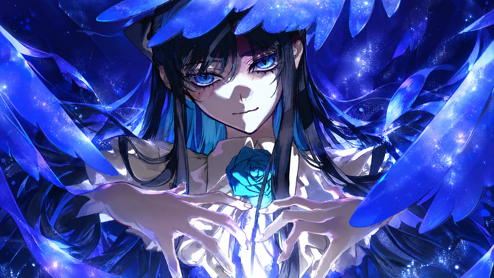 Yodaka-themed anime girl with long blue hair cradling a glowing blue rose amid shimmering starlit wings — 4K Ultra HD PC desktop wallpaper/background.
