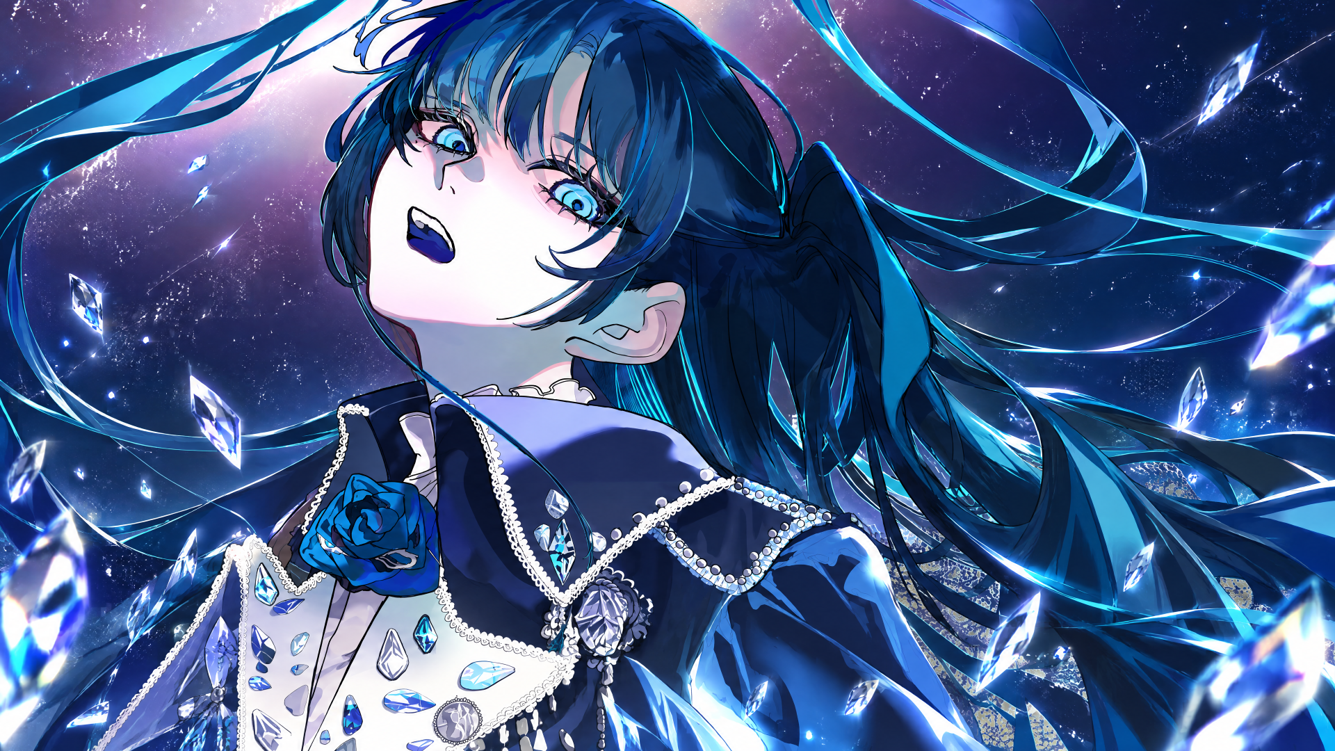 Nico Nico singer–inspired Yodaka anime girl with flowing blue hair, crystalline shards and starry glow — vivid 4K Ultra HD PC desktop wallpaper background.