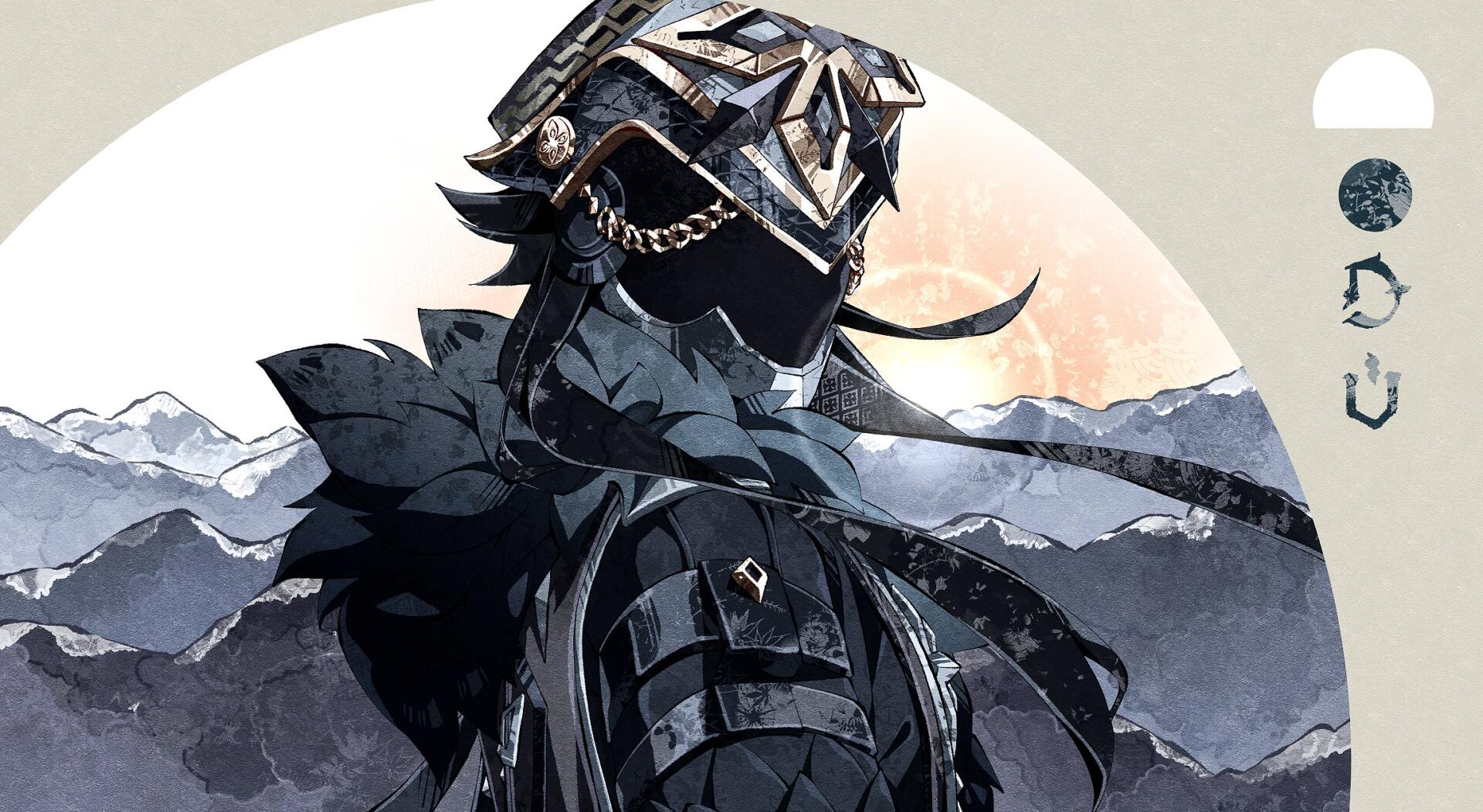 HD video game desktop wallpaper of Il Capitano (Genshin Impact): masked armored captain with ornate helmet and chains against a backdrop of snowy mountains.