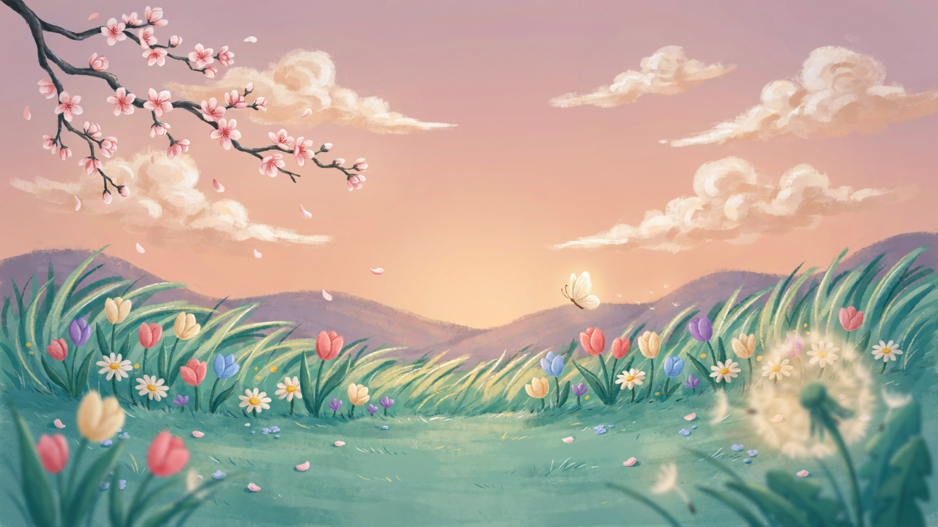Pastel spring meadow with blossoming flowers, dandelions, and cherry blossoms at sunset — 2K Quad HD PC wallpaper background