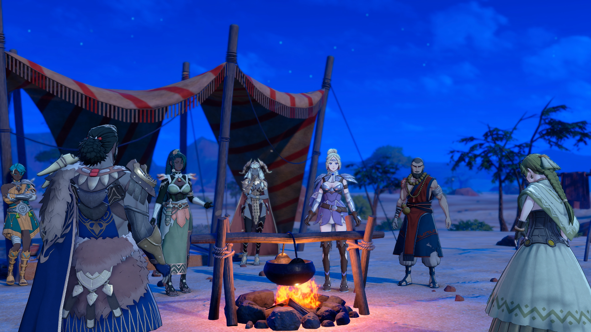 Fire Emblem: Fortune's Weave — companions gathered around a campfire beside a tent under a starry night; 4K Ultra HD PC desktop wallpaper and background.