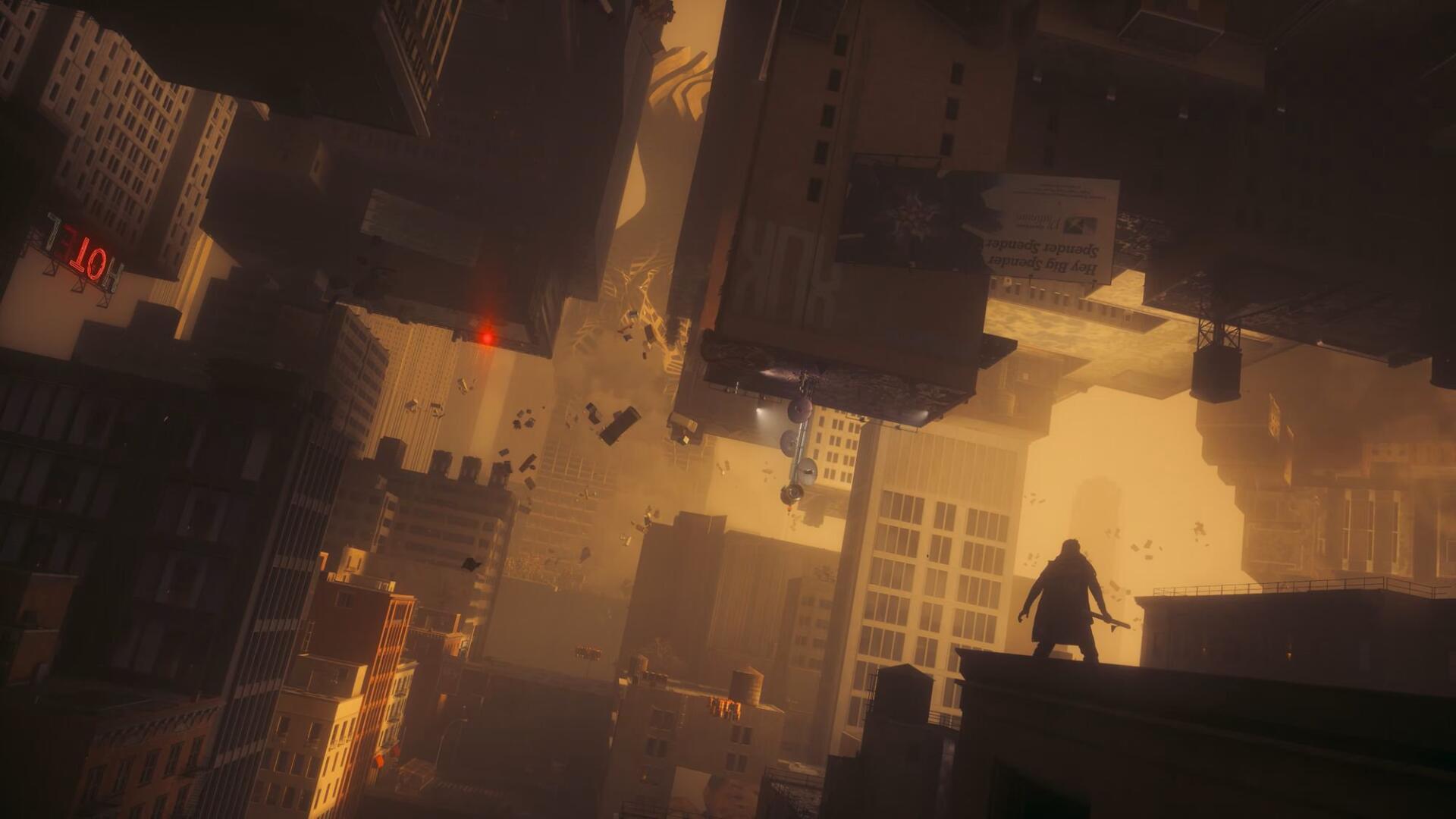 Control Resonant HD PC desktop wallpaper/background: silhouetted figure on a rooftop overlooking warped, towering buildings in golden light.