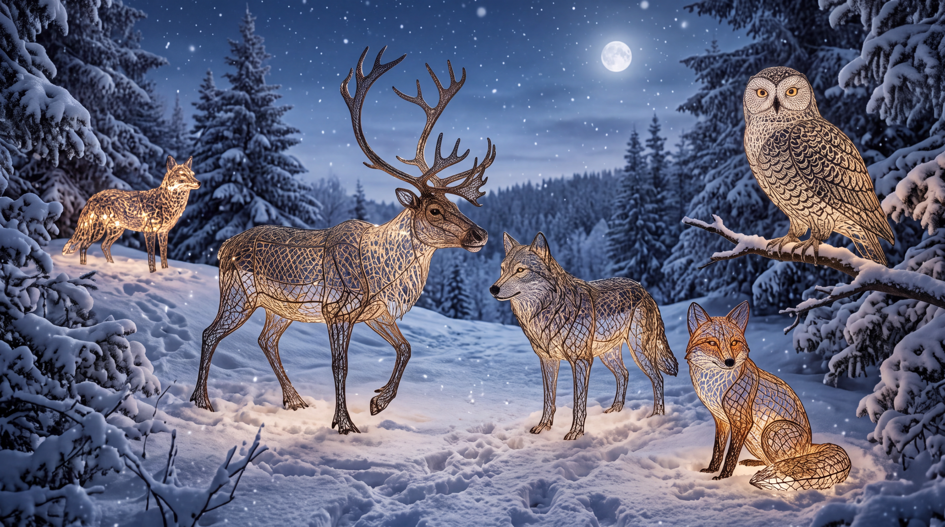 5K Ultra HD PC desktop wallpaper/background: moonlit snowy forest with winter animals — a stag, two foxes and a watchful owl perched among frosted pines.