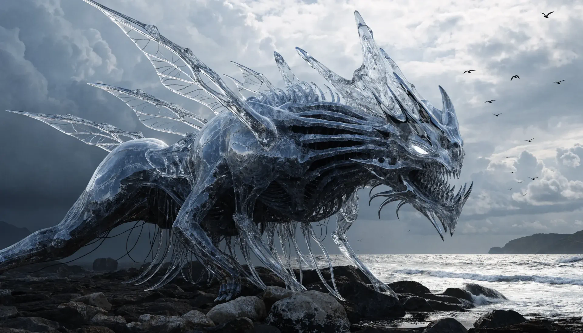 Translucent ice-dragon chimera monster prowls a windswept rocky shore beneath a stormy sky — 2K Quad HD PC desktop wallpaper and background.