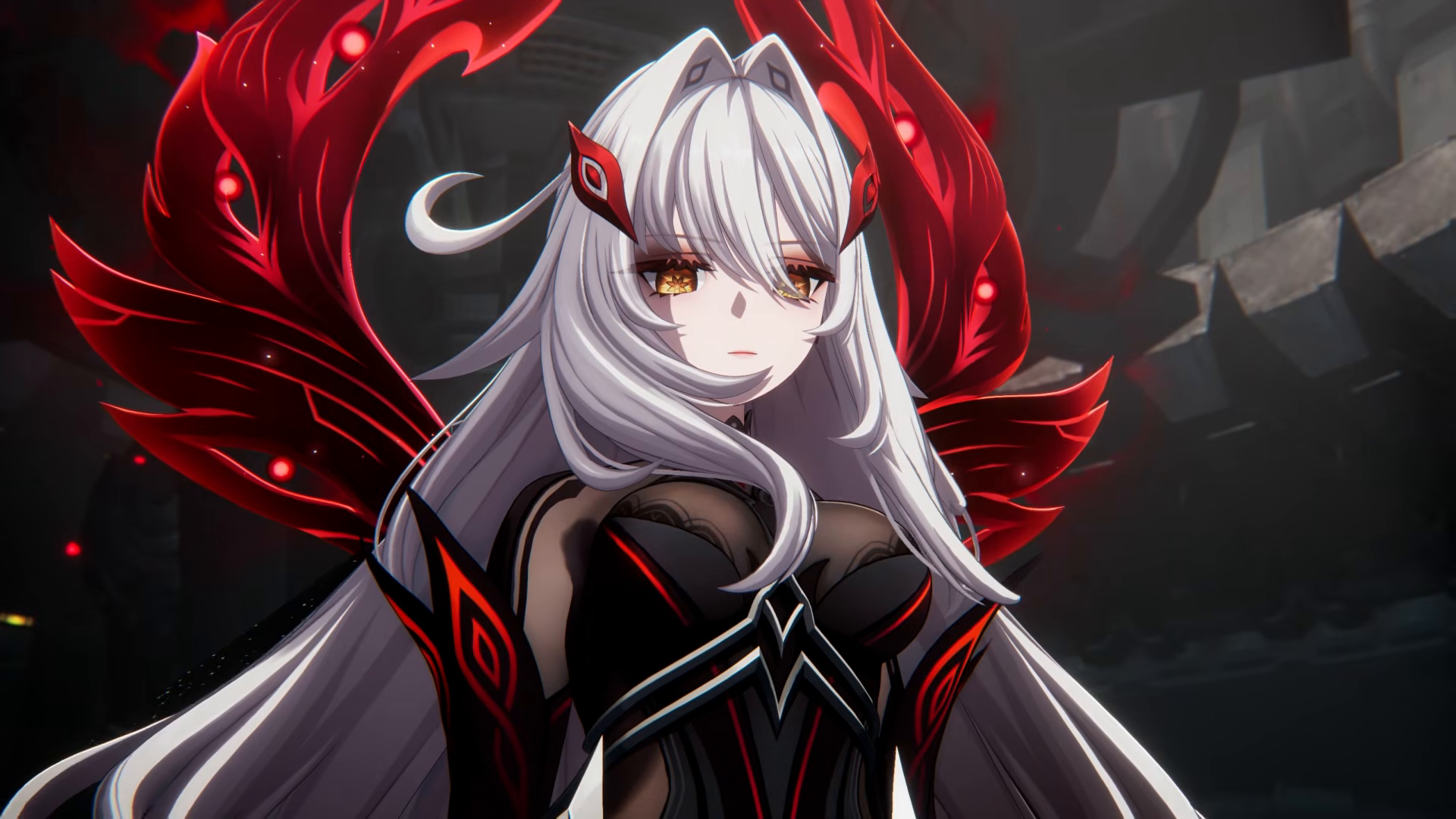 HD PC desktop wallpaper/background of Ronova (Genshin Impact): anime girl with long silver hair, red‑black outfit and glowing crimson wings set against a dark, atmospheric backdrop.