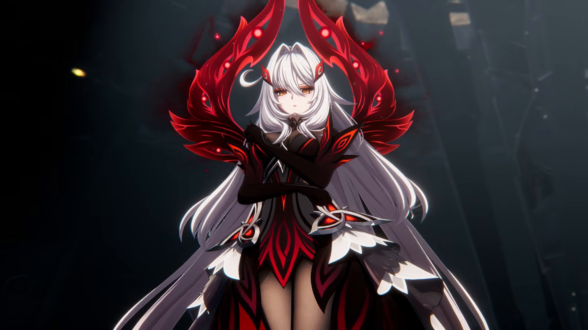 HD PC desktop wallpaper of Ronova (Genshin Impact): anime girl with long white hair in crimson-and-black armor, arms crossed against a dark, dramatic background.