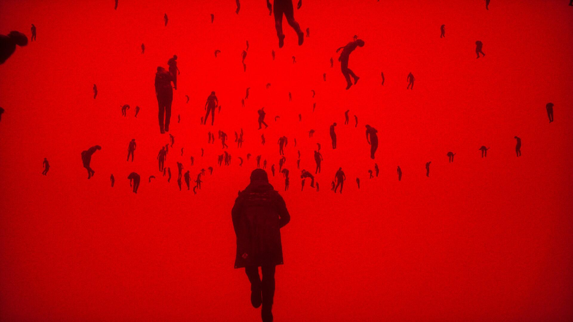 HD PC desktop wallpaper: Control Resonant — Dylan Faden silhouette walking toward floating dark figures against a blood-red background.