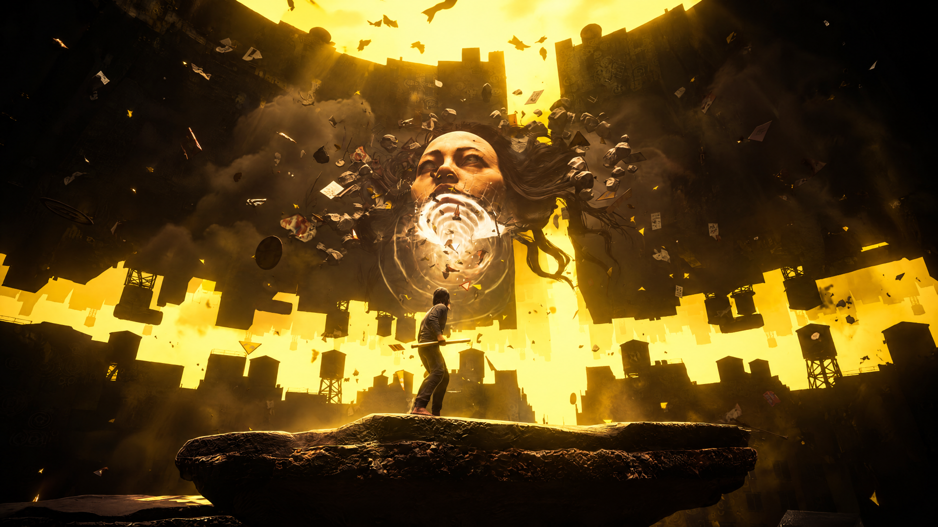 4K Ultra HD PC desktop wallpaper of Control: Resonant — a man on a floating rock beneath a glowing portal as a towering, fragmented face of Dylan Faden looms overhead.