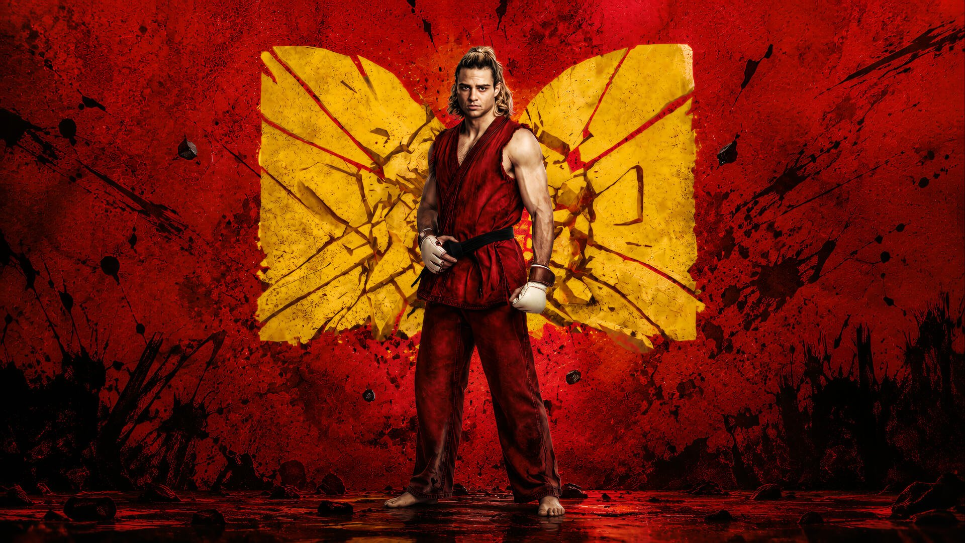 Street Fighter (2026) — Street Fighter 4K Ultra HD PC desktop wallpaper: lone fighter in a red gi poses before a cracked yellow emblem on a blood-red textured backdrop.